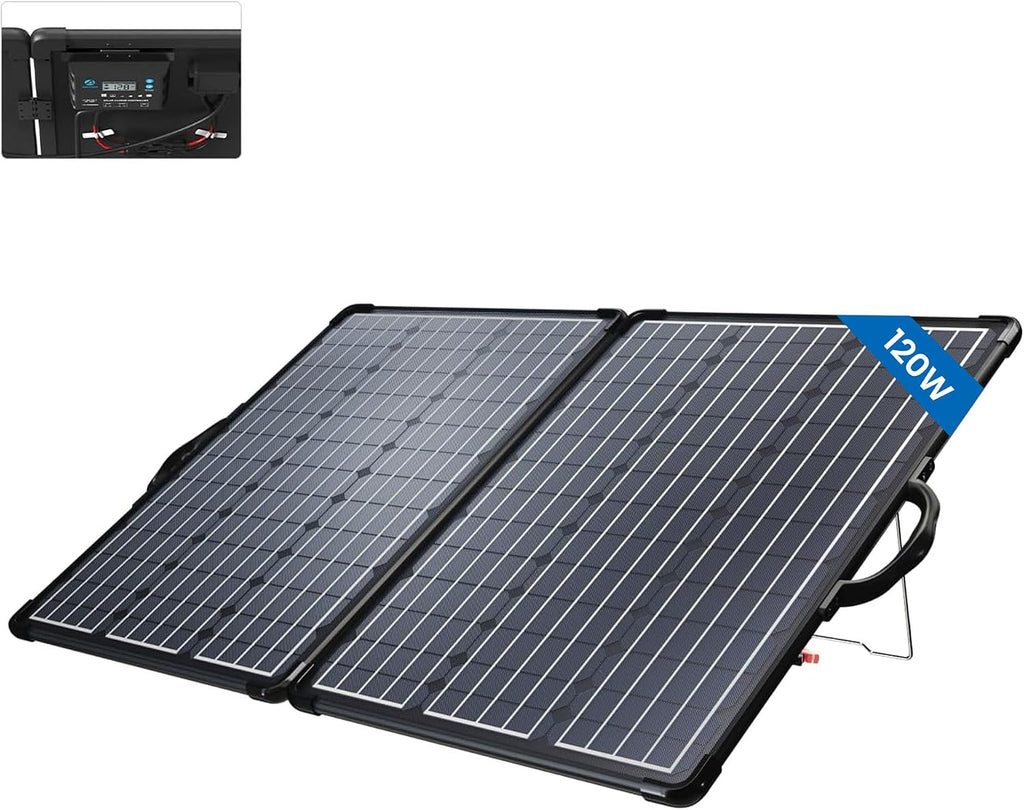 ACOPOWER 120W Mono Lightweight Portable Solar Panel, 2x60W Folding Solar Panel, Waterproof 20A 12V LCD Solar Controller for Power Station, RV Camping