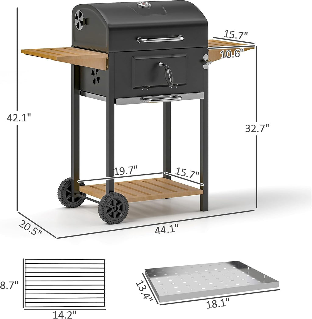 Portable Charcoal Grill with Adjustable Vents & Thermometer – 44' Heavy-Duty BBQ Grill with 3-Level Charcoal Pan, Wheels & Side Shelves – Backyard/Camping Grill (Black/Nature Wood)