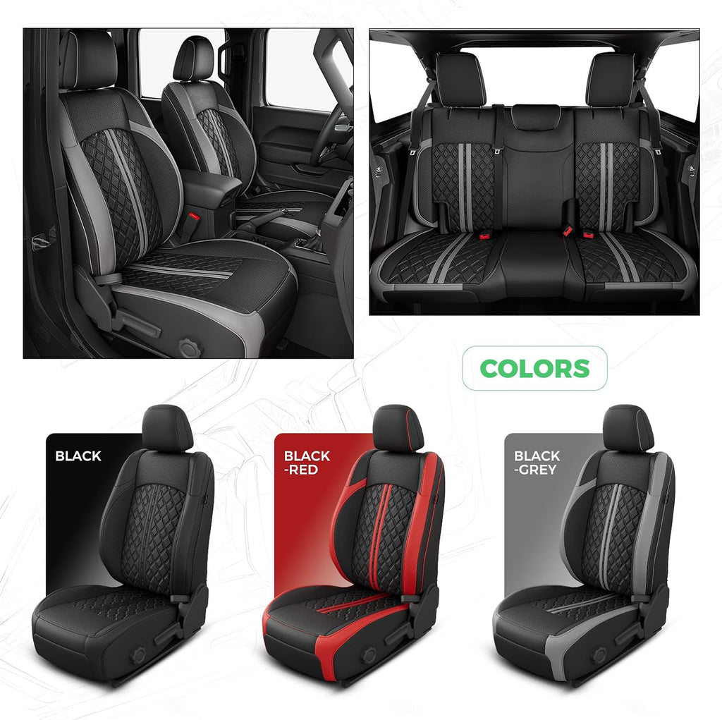 for Jeep Wrangler Seat Covers JL 4 DR Without Rear Cup Holder 2018 2019 2020 2021 2022 2023 2024 2025 2026, Custom Fit Car Seat Covers Full Set,Waterproof Leather Seat Protector,BlackGrey