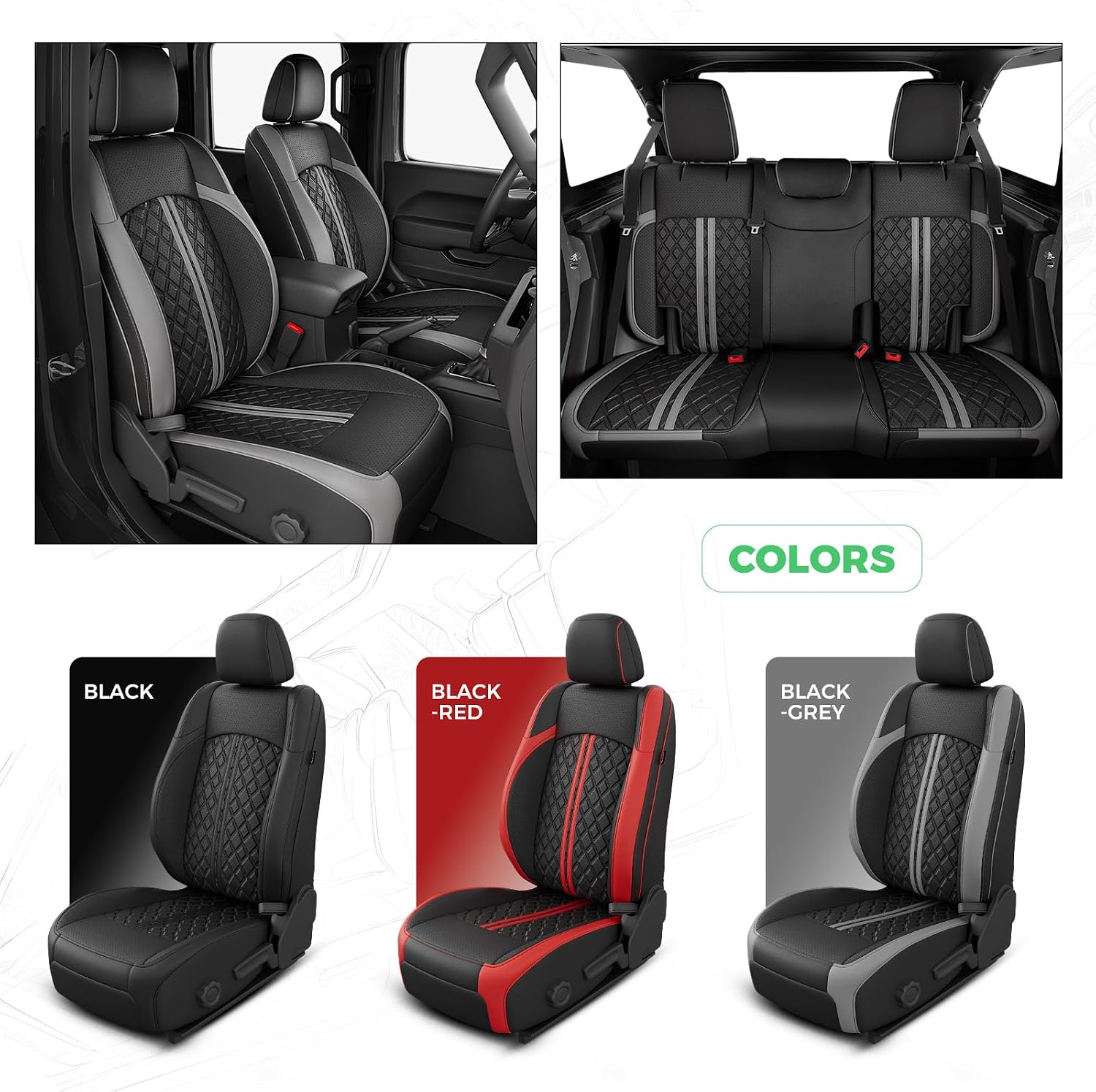for Jeep Wrangler Seat Covers JL 4 DR Without Rear Cup Holder 2018 2019 2020 2021 2022 2023 2024 2025 2026, Custom Fit Car Seat Covers Full Set,Waterproof Leather Seat Protector,BlackGrey