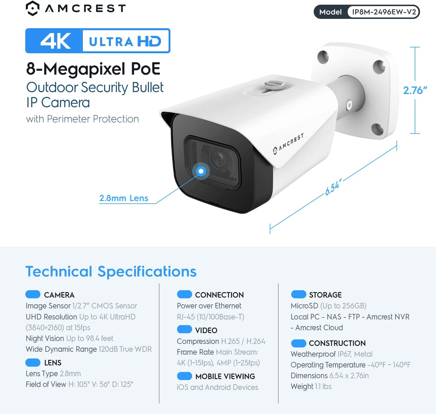 Amcrest 4K Security Camera System w/ 4K (8MP) 8CH PoE NVR, (4) x 8-Megapixel IP67 Weatherproof Metal Bullet POE IP Cameras, Pre-Installed 2TB Hard Drive, NV4108E-IP8M-2496EW4-2TB (White)