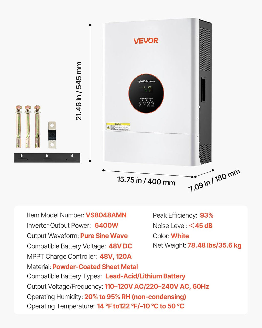 VEVOR 6400W 48V Hybrid Solar Inverter, 120V/240V Split Phase, Built-in 120A MPPT Solar Charge Controller, Low Frequency Pure Sine Wave Power Inverter, for Lead Acid Lithium Battery Off-Grid, NO WiFi