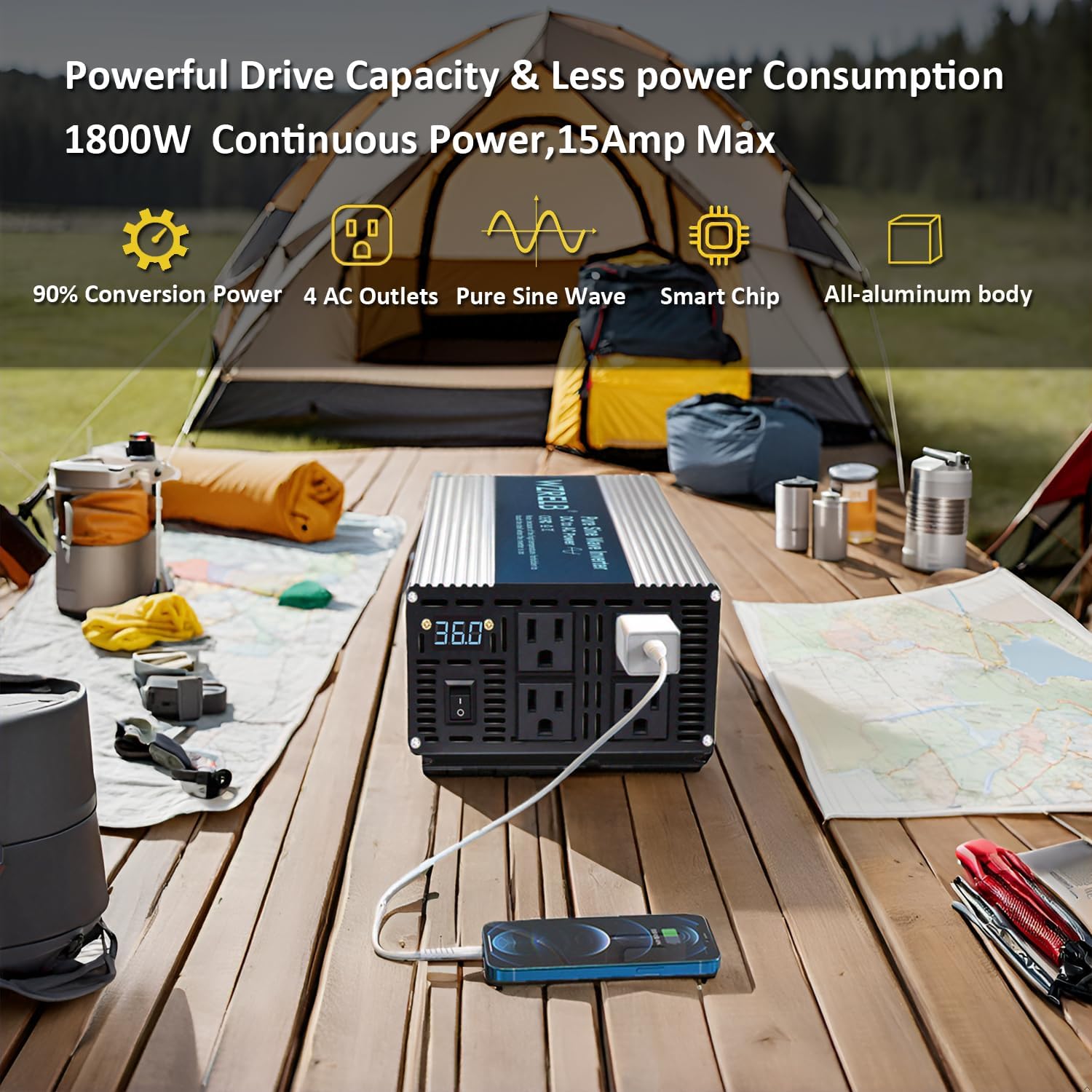WZRELB 2000W Pure Sine Wave Inverter 12V DC to 110V 120V AC Power Converter with LED Display, Off-Grid Portable Power Inverter with 4 AC Outlets for Home, RV, Truck, Camping