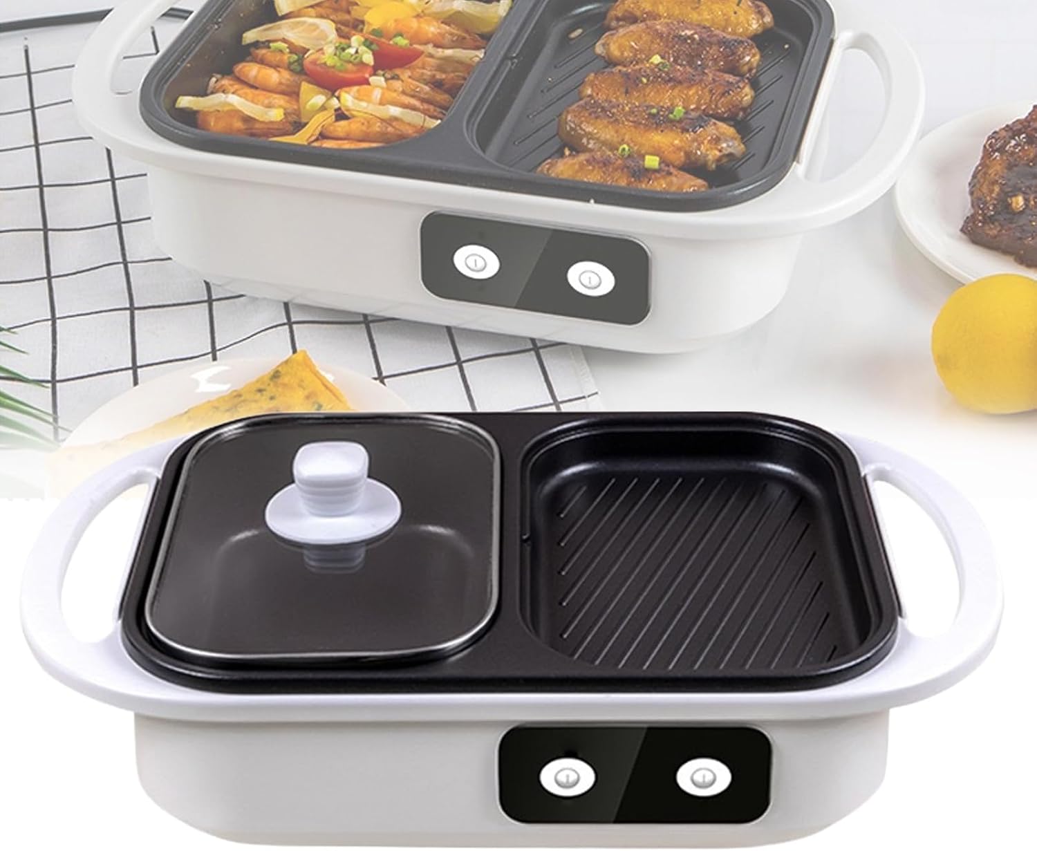 Indoor Non-Stick Electric Pot and Griddle, Barbecue Pan Hotpot With Divider, Independent Dual Temperature Control, for Korean BBQ, Steaks, Shabu Shabu and Noodles at Family Dinners