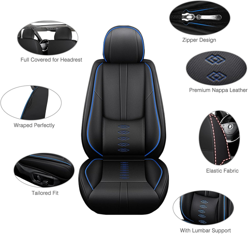 Leather Seat Covers for Jaguar XJ8 2000-2008,Premium Car Seat Covers Full Set,Waterproof Car Seat Protectors with Airbag,Comfort Interior Cover Seats for Cars(Black+Blue)