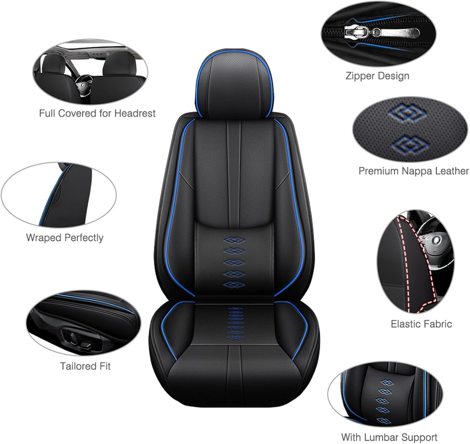 Leather Seat Covers for Jaguar XJ8 2000-2008,Premium Car Seat Covers Full Set,Waterproof Car Seat Protectors with Airbag,Comfort Interior Cover Seats for Cars(Black+Blue)