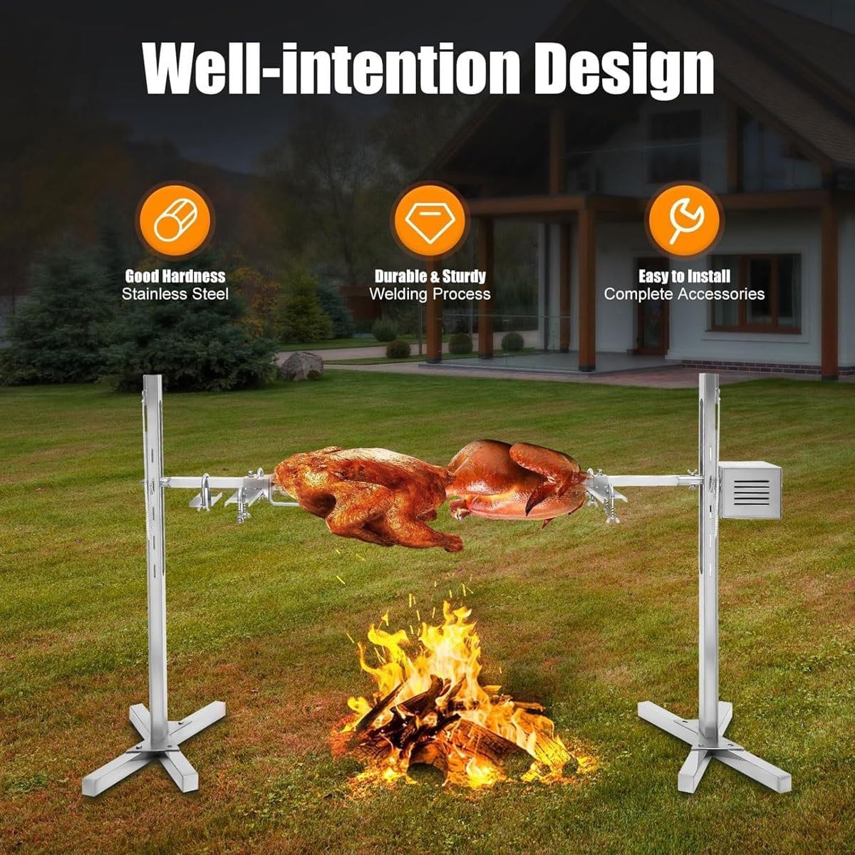 BBQ Grill Rotisserie, Stainless Steel Electric Automatic Grill with X Shaped Bracket, 15W Roast Hog Roaster Machine Up to 70KG, 5 Gears Height Adjustment, for Barbecue Bar, Restaurant