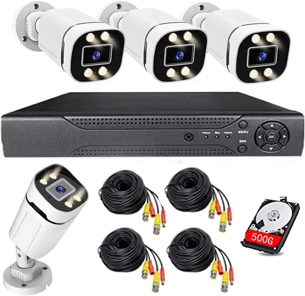 Home Security System 4Ch DVR Kits with 4pcs 1080P Waterproof Bullet Analog AHD TVI CVI Camera 3MP Lens Color Night Vision Outdoor Surveillance Wired CCTV Set (Include 500GB HDD) 24/7 Recording