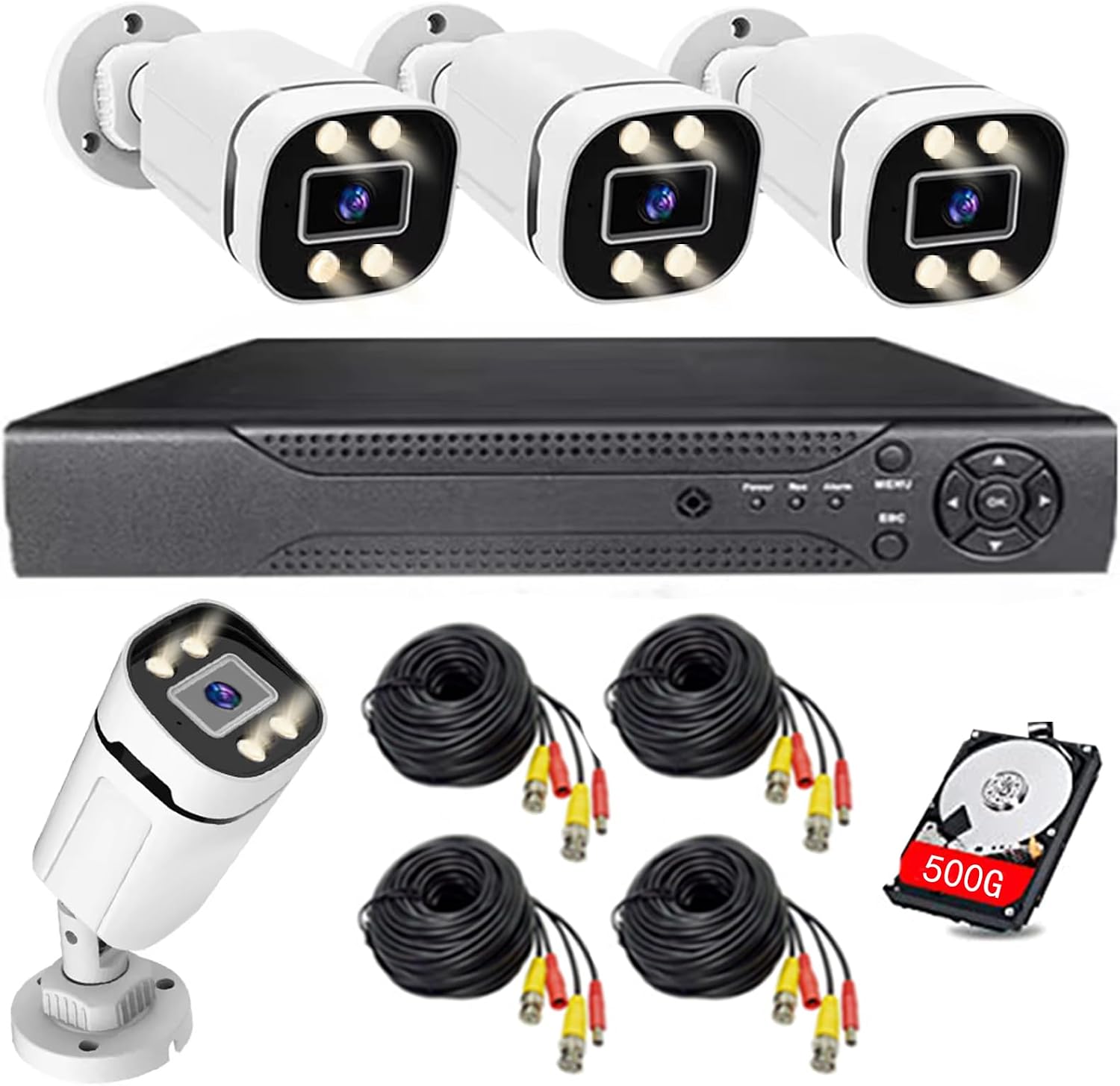 Home Security System 4Ch DVR Kits with 4pcs 1080P Waterproof Bullet Analog AHD TVI CVI Camera 3MP Lens Color Night Vision Outdoor Surveillance Wired CCTV Set (Include 500GB HDD) 24/7 Recording