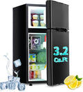 Erivess 2 Door Mini Fridge with Freezer, 3.2 Cu.Ft Refrigerator and Freezer, Adjustable Thermostat, Energy Saving, Low Noise, Small Refrigerator for Bedroom, Dorm, Office