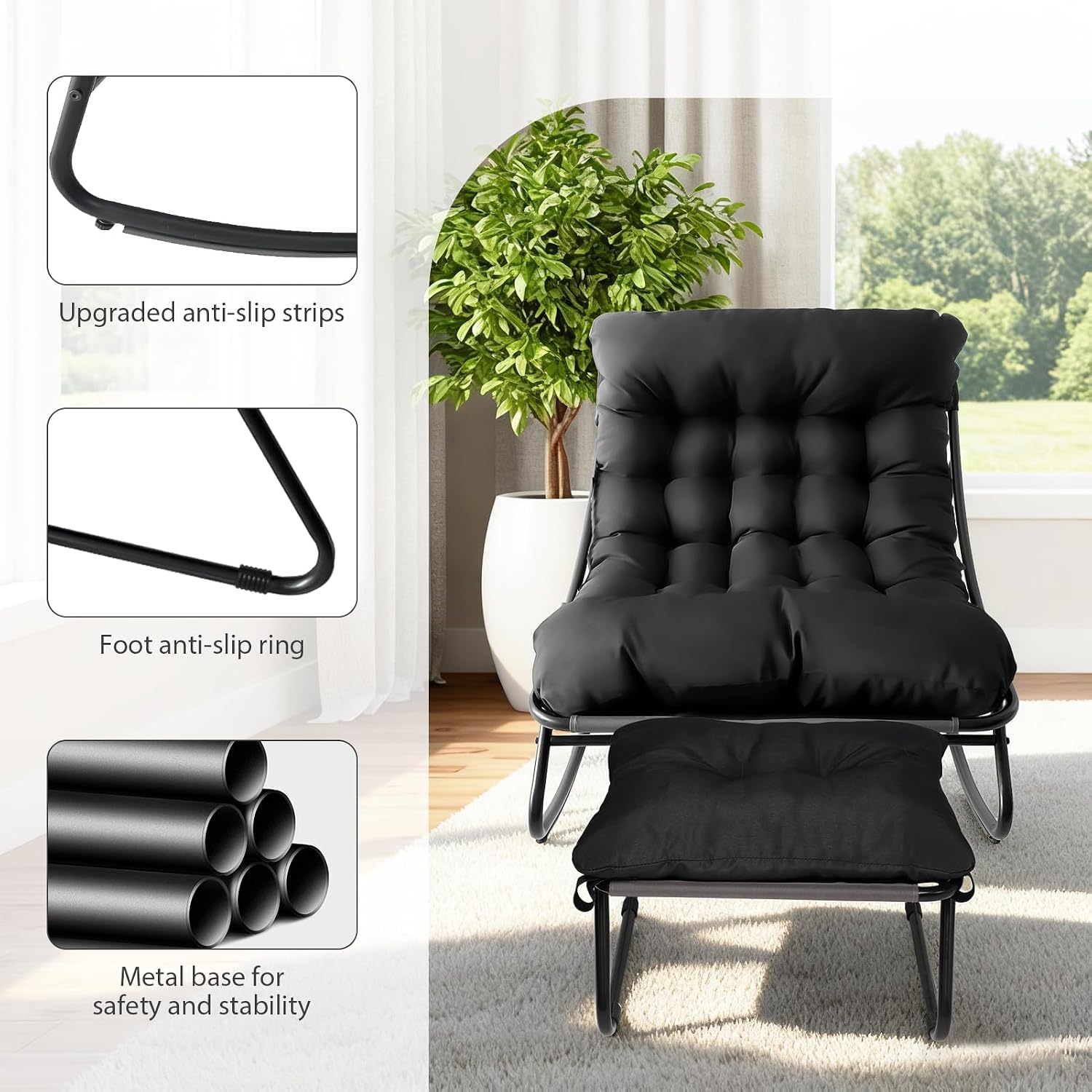 Patio Rocking Chair with Ottoman Outdoor & Indoor, Rocking Chairs Padded with Foot Rest, 330lbs Capacity, Metal Outdoor Rocker for Garden, Deck, Living Room, Bedroom, Balcony (Black)