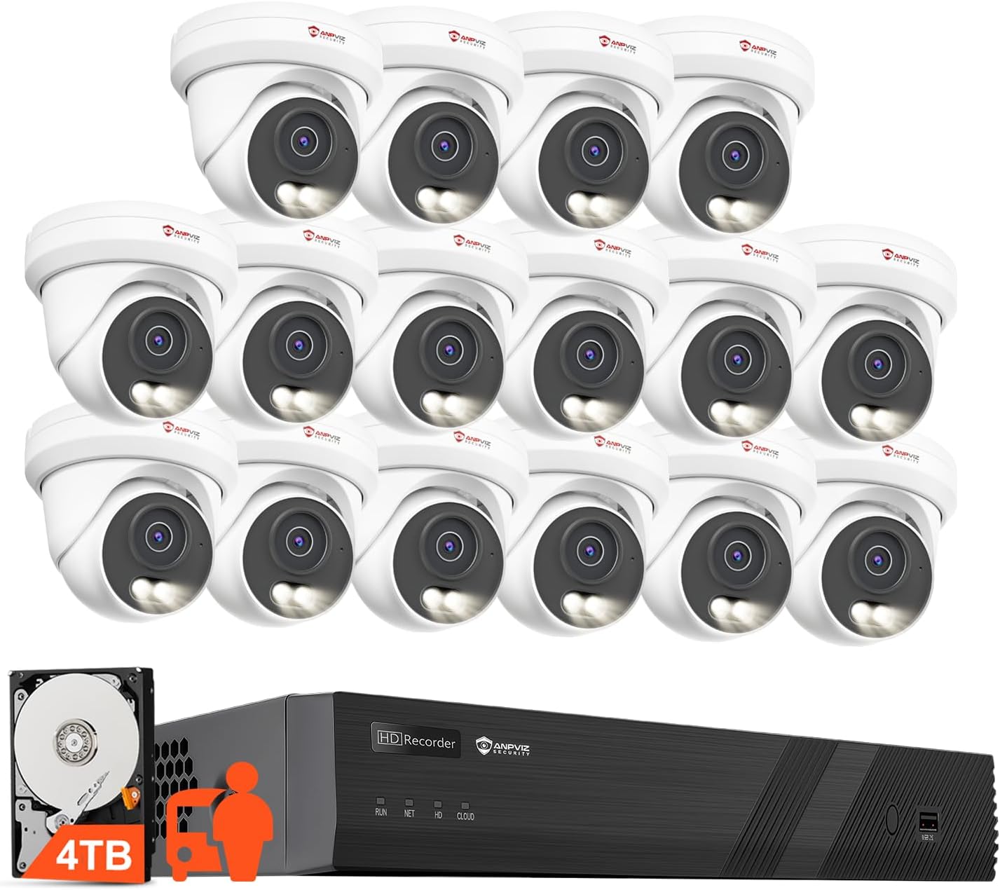 Anpviz 4K 16CH PoE Security Camera System, 16pcs Wired 8MP PoE IP Cameras Outdoor with Person Vehicle Detection, Smart Color Night Vision, 8MP/4K 16 Channel NVR with 4TB HDD for Businesses (U Series)