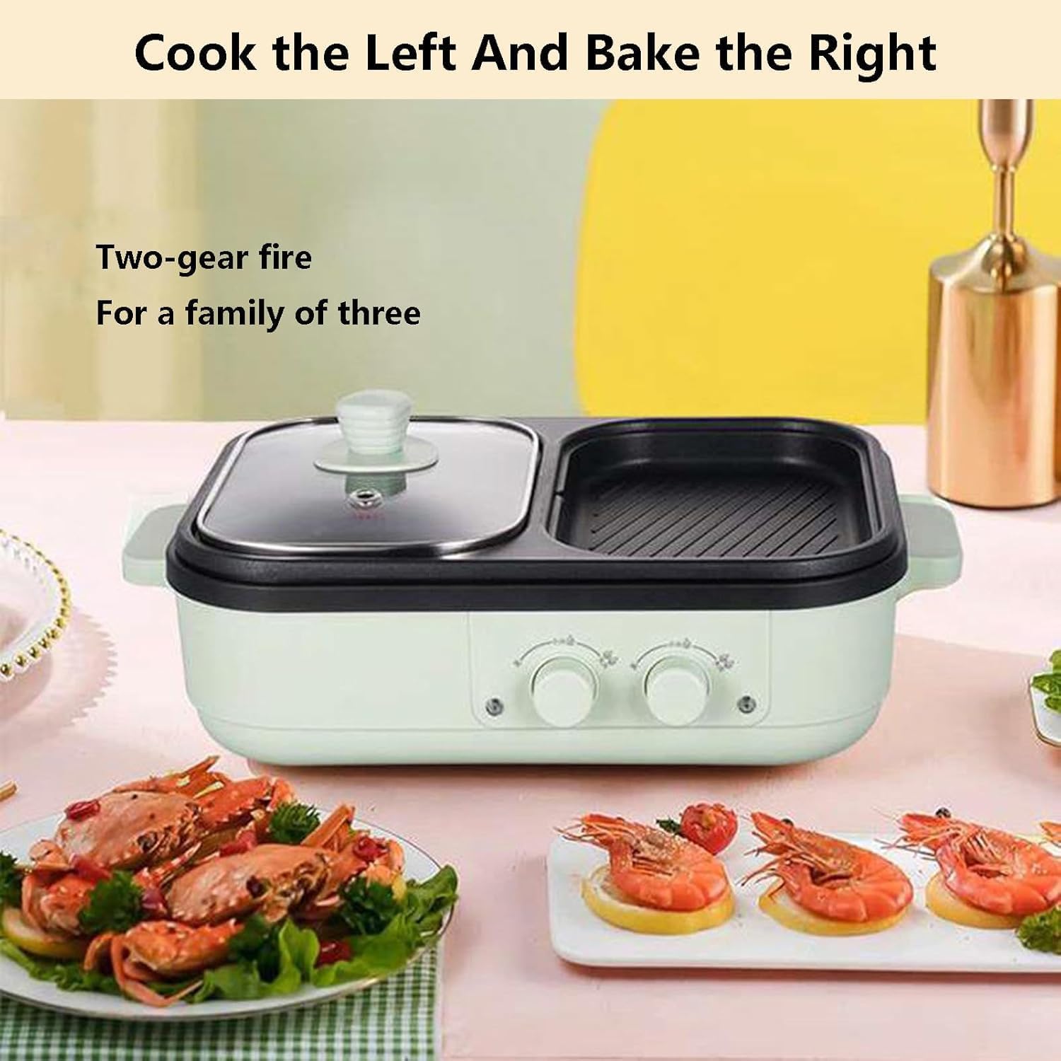 2-in-1 Electric Grill for BBQ and Hotpot, Nonstick Electric Frying Pans 1300w Shabu Pot BBQ Plate with Double Disc Design, One Pan for Grilling, Barbecue, with 4 Plates