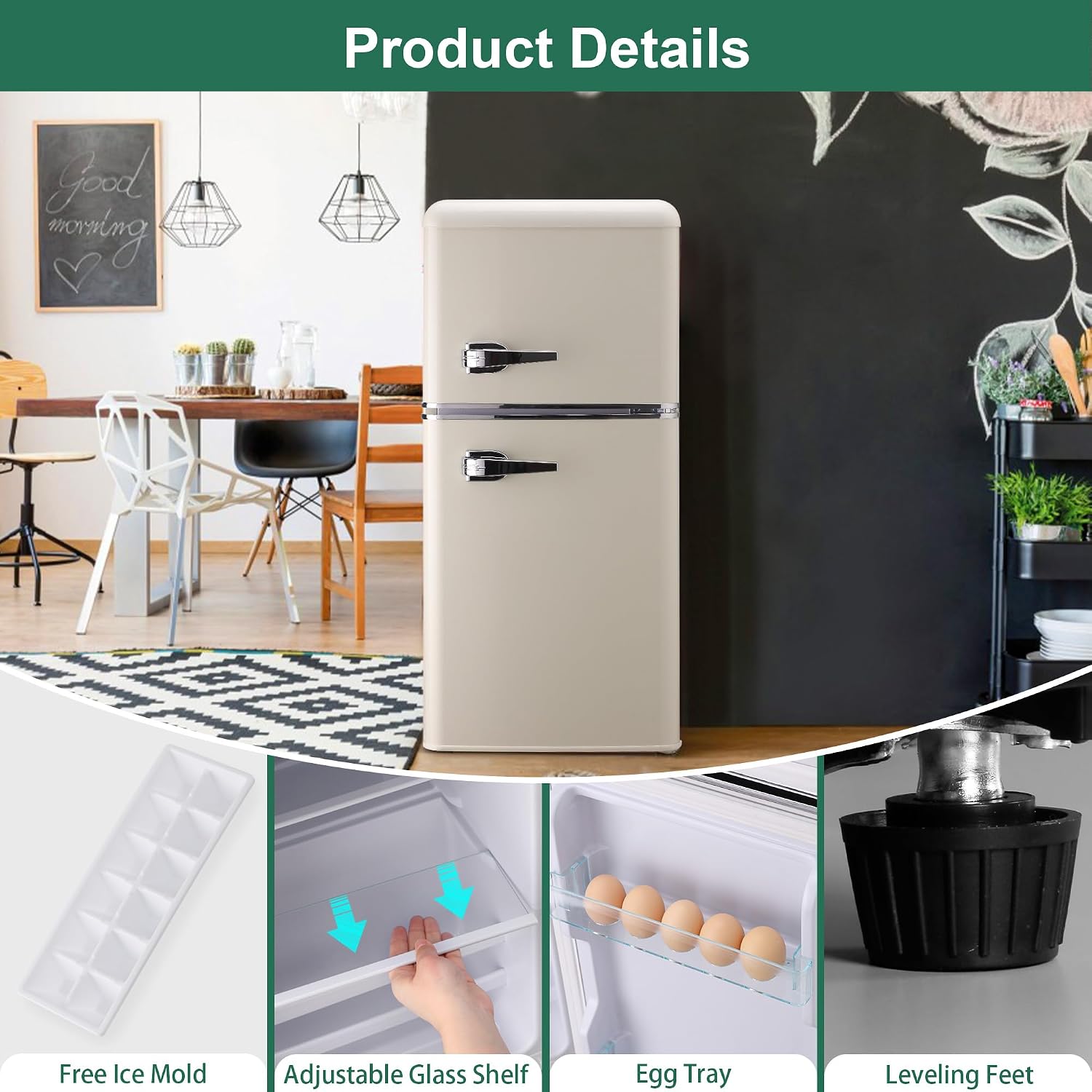 Retro Mini Fridge with Freezer 4.0 Cu. Ft, Small Refrigerator with 7 Level Adjustable Thermostat, Compact Classic Dual Door Fridge Removable Glass Shelves for Apartments, Dorm, Office, Cream