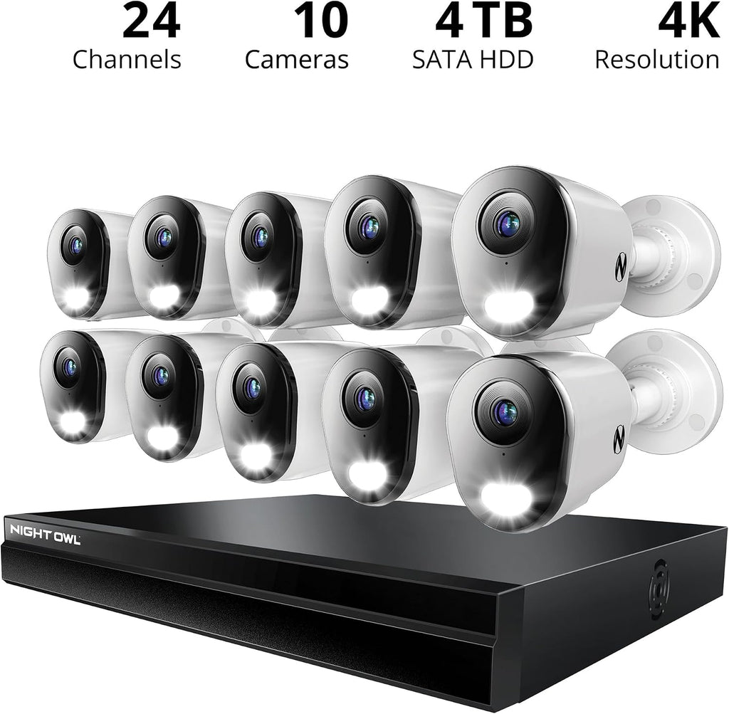 Night Owl Power Over Ethernet 24 Channel NVR Video Home Security Camera System with (10) Wired IP 4K HD Indoor/Outdoor Deterrence Bullet Cameras and 4TB Hard Drive (10 Camera Bullet)