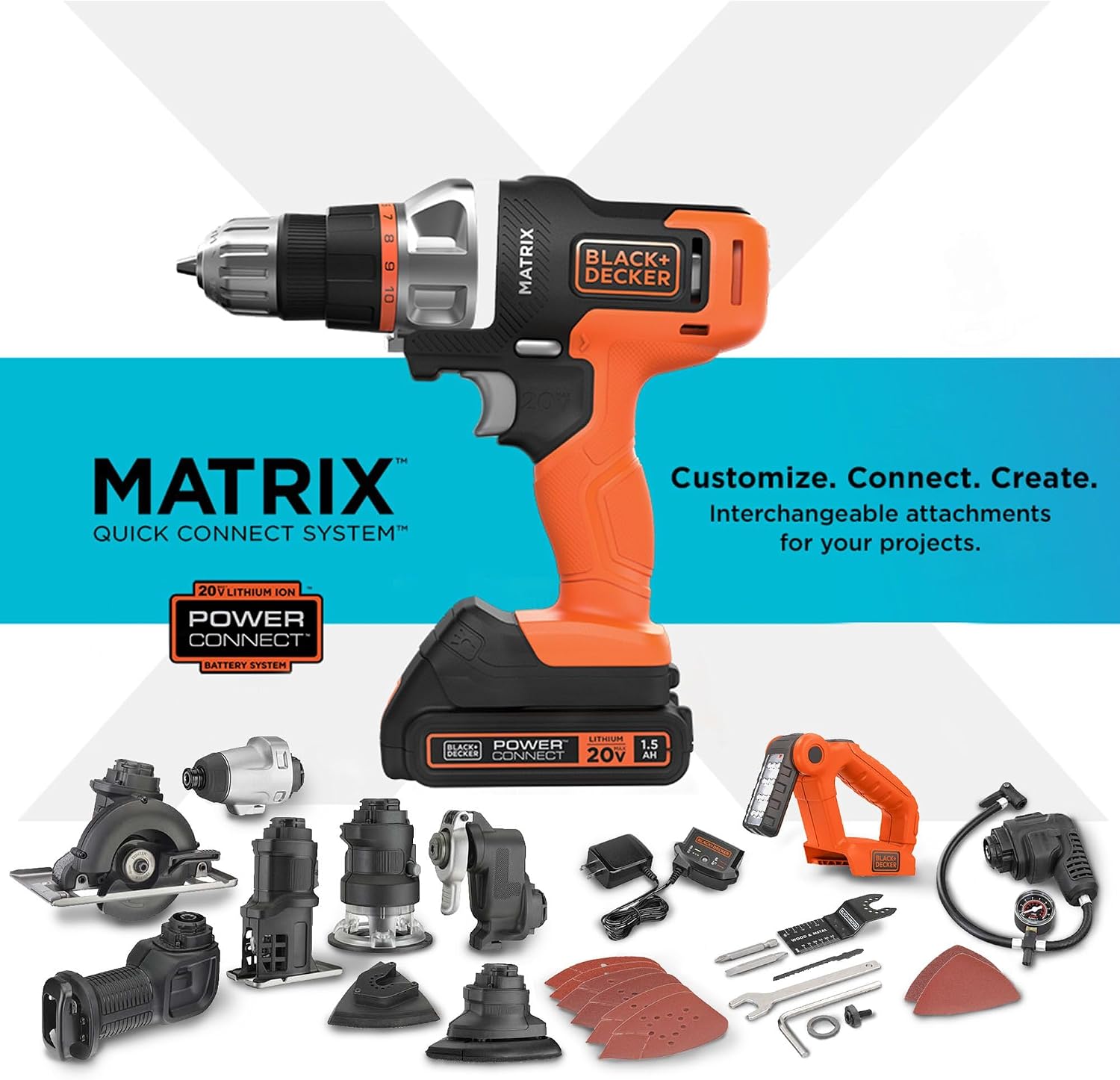 BLACK+DECKER MATRIX 20V MAX Power Tool Combo Kit, Cordless Power Tool Set with Battery and Charger Included, 10 Piece (BDCDMT1210KITC1