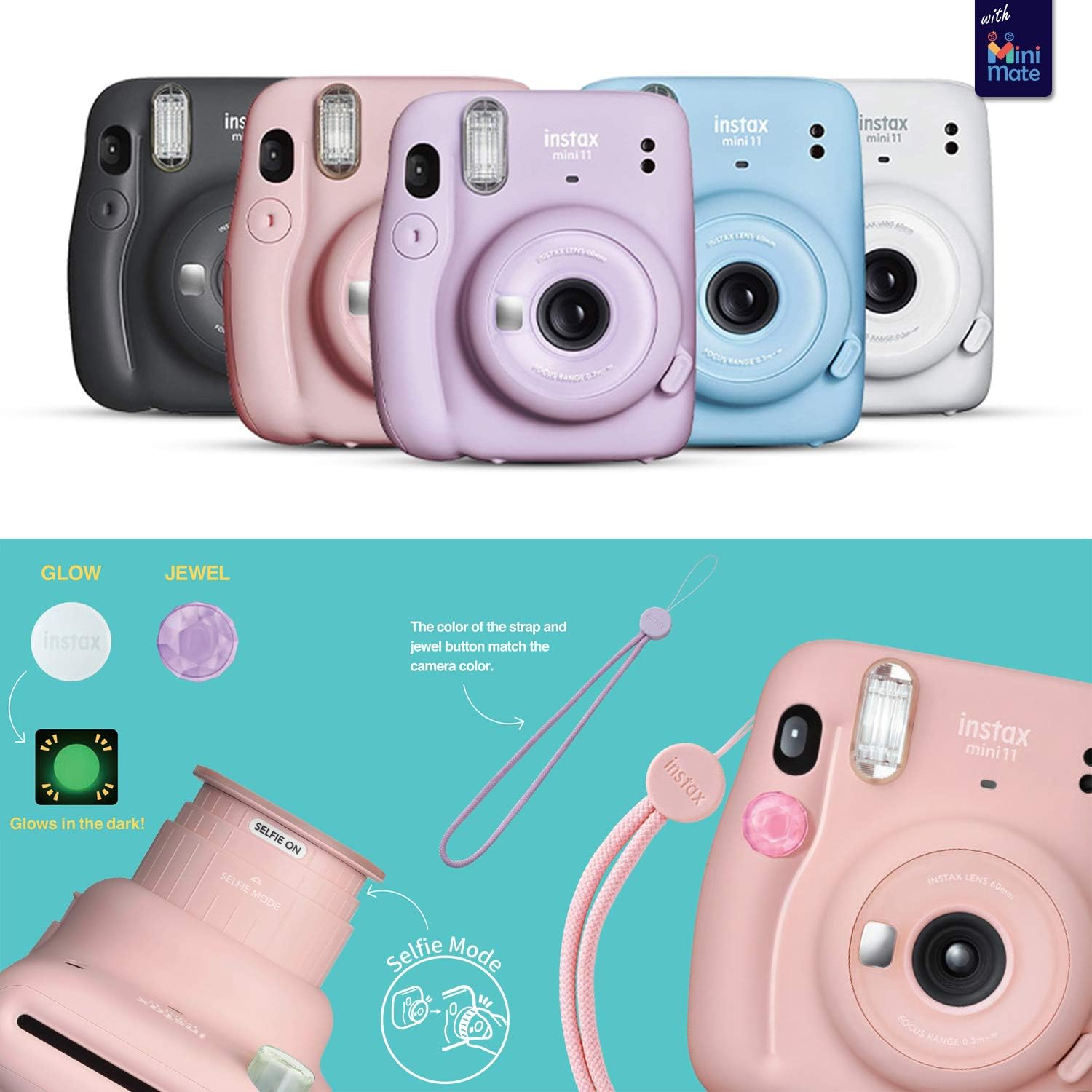 Fujifilm Instax Mini 11 Instant Camera Ice White + MiniMate Accessories Bundle + Fuji Instax Film Value Pack (40 Sheets) Accessories Bundle, Color Filters, Album, Frames