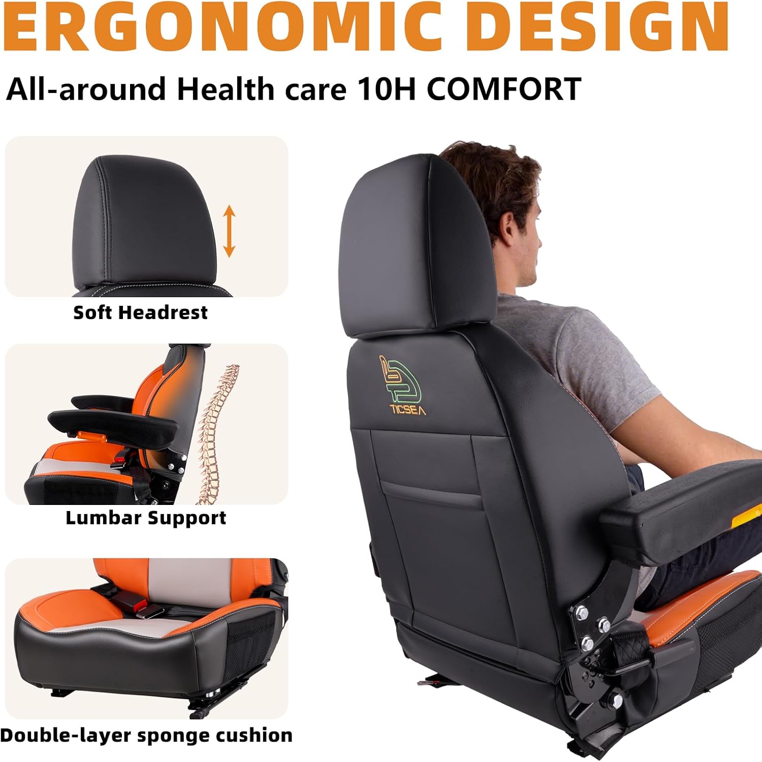 Universal Orange Ergonomic Tractor Seat with Adjustable Backrest, Armrests & Safety Belt And Micro Switch– Replacement for Zero Turn Mowers, Forklifts, Skid Steers, Loader Telehandler Dozer Excavator