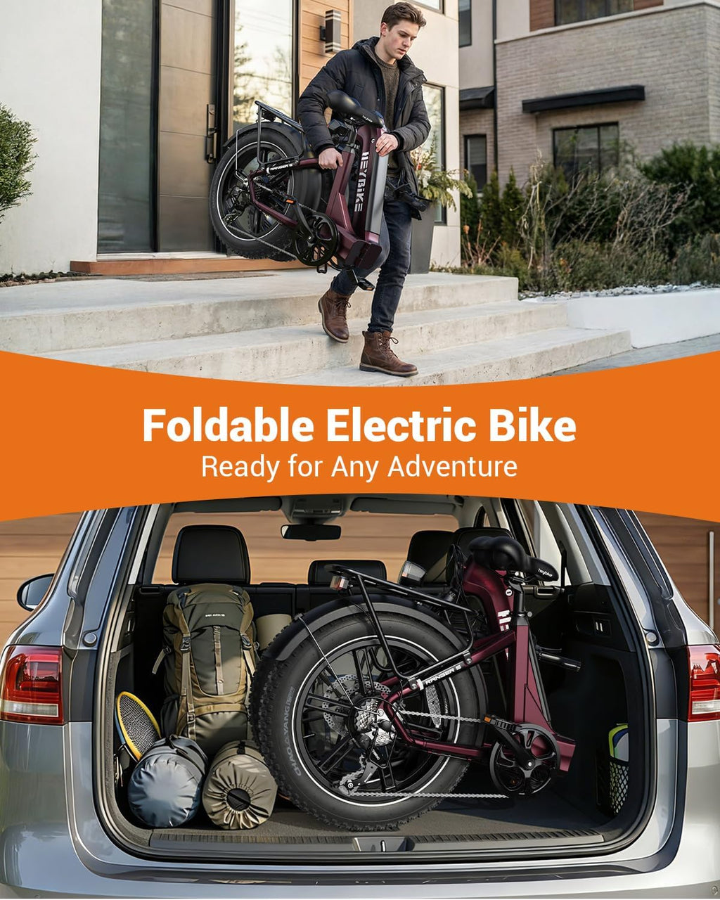 Heybike Ranger Foldable Electric Bike for Adults, 1200W/1800W Peak Motor, 28/32MPH E Bike, 55/90 Miles Range, 20'x4.0' Fat Tire Ebike with Removable Battery, Hydraulic Brakes for Snow, Beach,Commuting