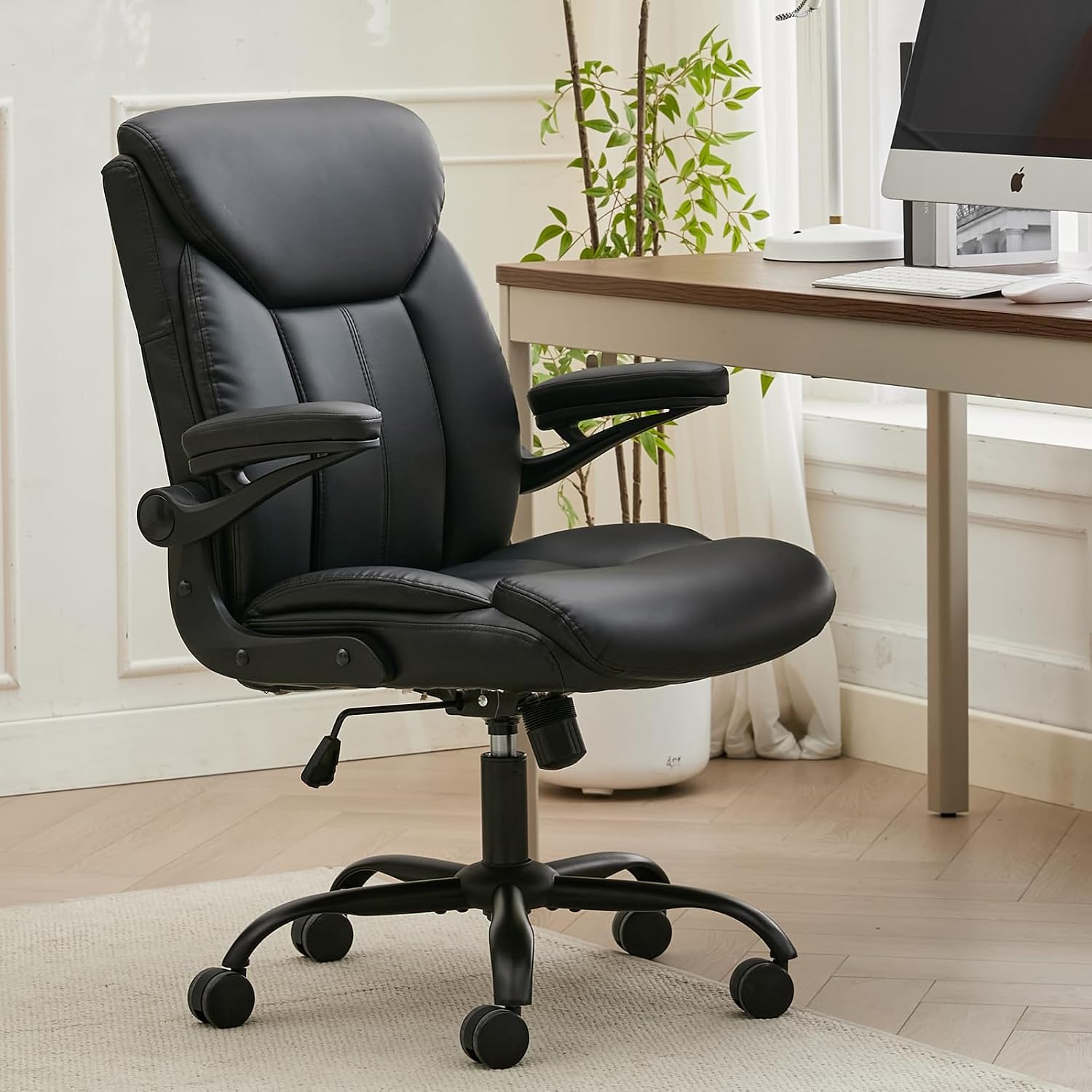 PU Leather Office Chair Comfy Home Office Desk Chairs, Ergonomic Executive Chair with Tilt Lock Back Support 360° Swivel, Small Computer Chair with Wheels and Padded Flip-Up Arms | Black