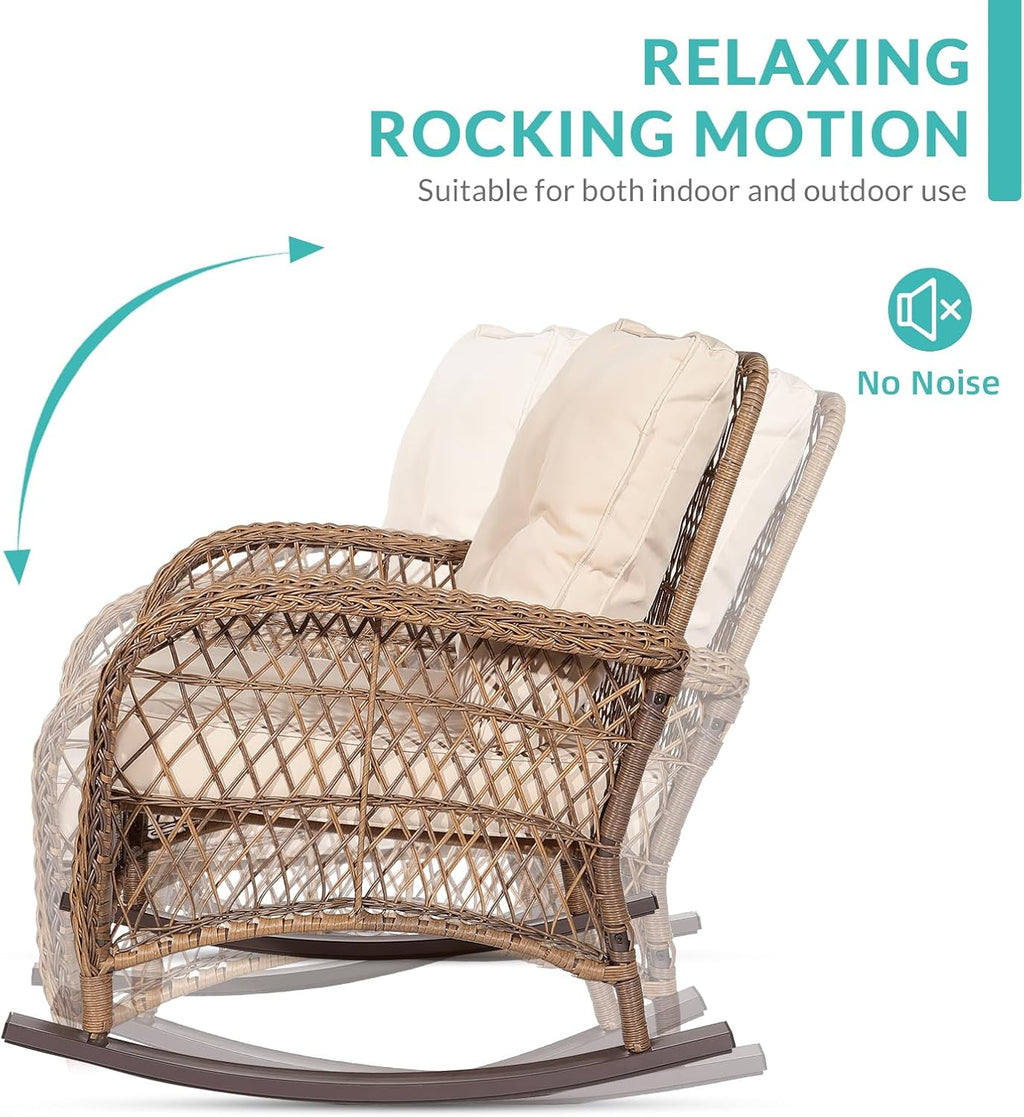 MEETWARM Outdoor Wicker Rocking Chair, Rattan Patio Rocker Chairs with Cushions and High Back, All-Weather Patio Wicker Chair with Safe Rocking Design for Garden Backyard Porch, Brown/Beige