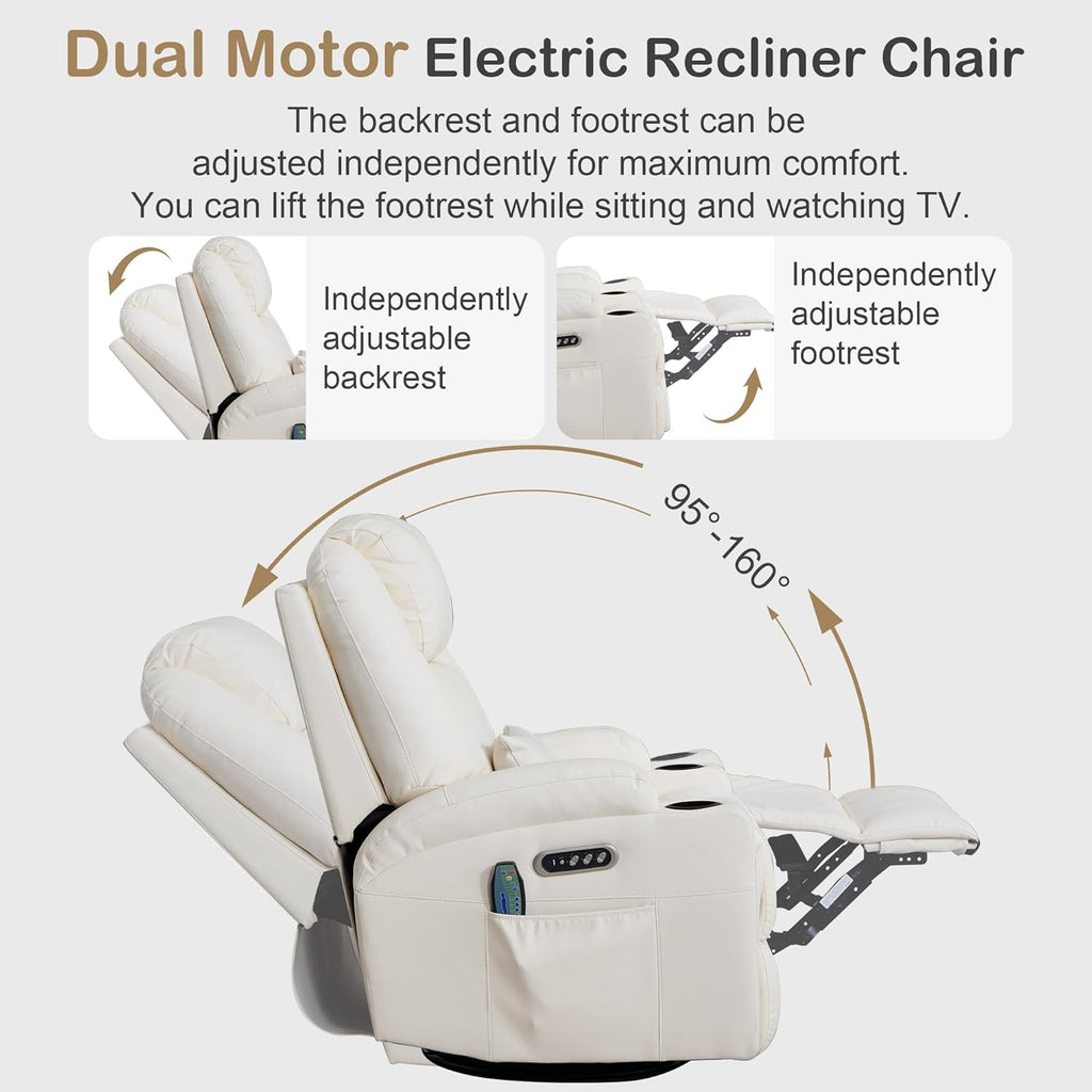 Power Swivel Rocker Recliner with Dual Motor, 240° Electric Glider Recliner with Heat & Massage, Rocking Chair Theater Seating with LED/Lumbar Pillow/USB Port/Cup Holders（Faux Leather Beige, 1）
