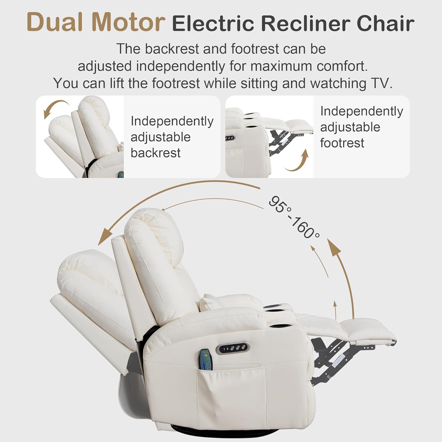 Power Swivel Rocker Recliner with Dual Motor, 240° Electric Glider Recliner with Heat & Massage, Rocking Chair Theater Seating with LED/Lumbar Pillow/USB Port/Cup Holders（Faux Leather Beige, 1）