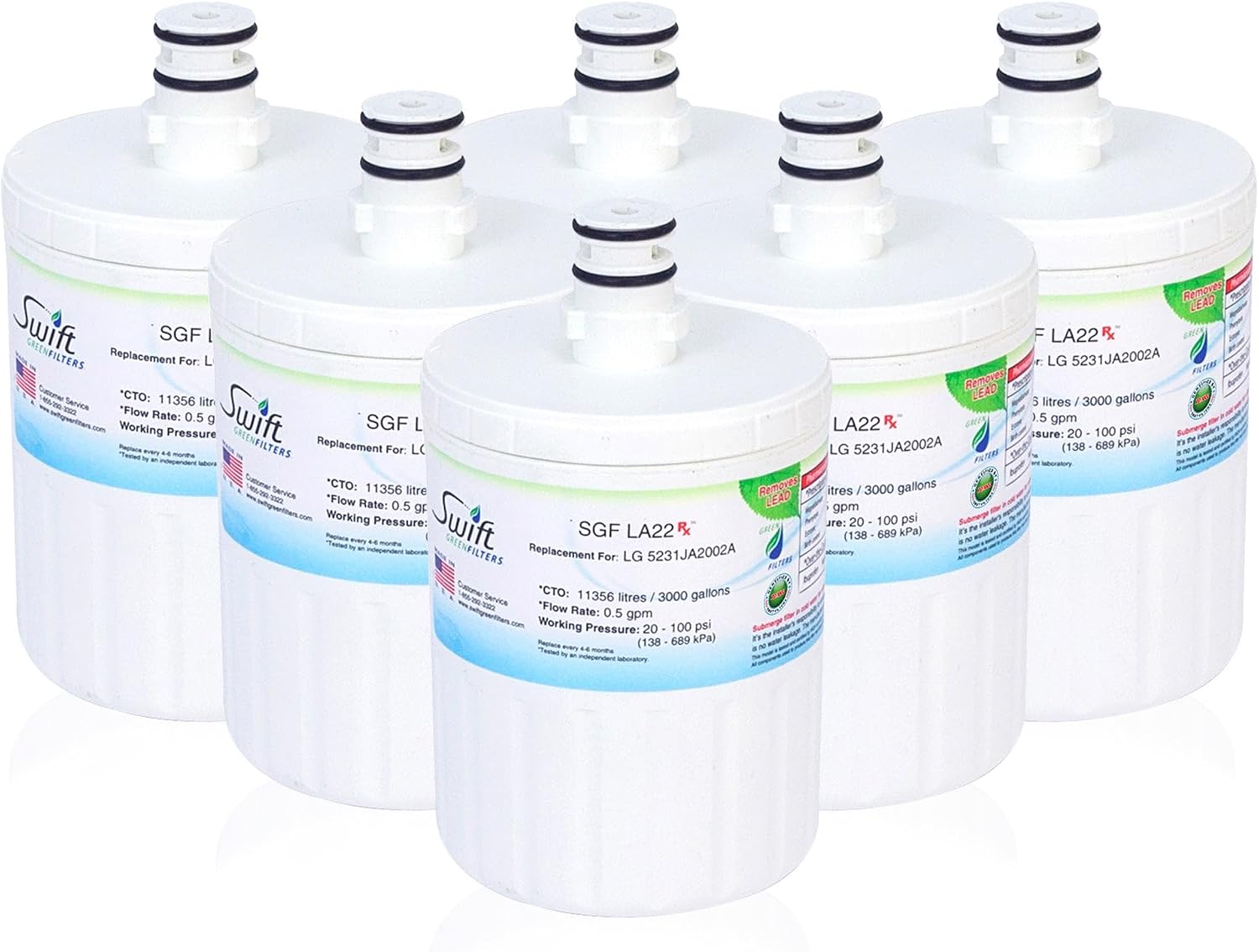 Swift Green Filters SGF-LA22 Rx Compatible Refrigerator Water Filter for LT500P, 5231JA2002A, 46-9890, EFF-6005A, Made in USA (6 Pack)