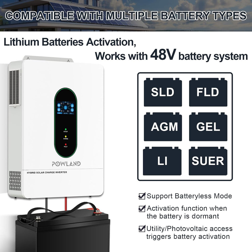 POWLAND 12000W Grid-Tied Hybrid Solar Inverter with WiFi | Battery-Free Design | 48V DC to 120V/240V AC Split Phase | Built-in 200A MPPT | Works with 48V LiFePO4/Lead Acid Batteries, UL1741