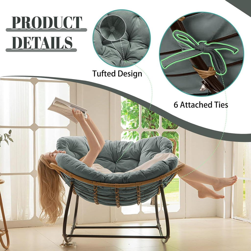 Outdoor Rocking Chair Cushions Replacement, 6''Thick Waterproof & Fade Resistant Papasan Chair Cushion with 6 Straps,Tufted Egg Chair Cushion for Indoor & Outdoor (Light Gray)