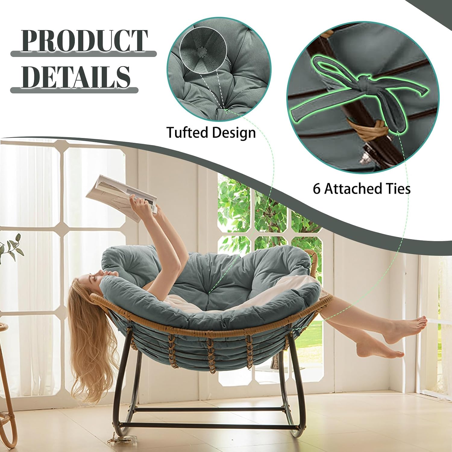 Outdoor Rocking Chair Cushions Replacement, 6''Thick Waterproof & Fade Resistant Papasan Chair Cushion with 6 Straps,Tufted Egg Chair Cushion for Indoor & Outdoor (Light Gray)