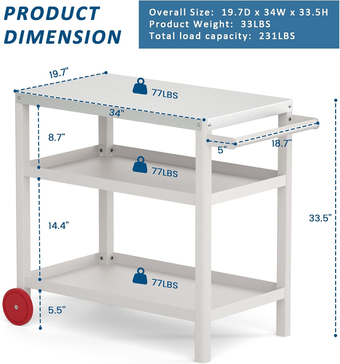 TORVA Outdoor Prep Rilling Grill Cart - Frosted Surface, High Load Capacity, Portable & Durable HDPE Material, 3-Tier Large Storage BBQ Cart, White