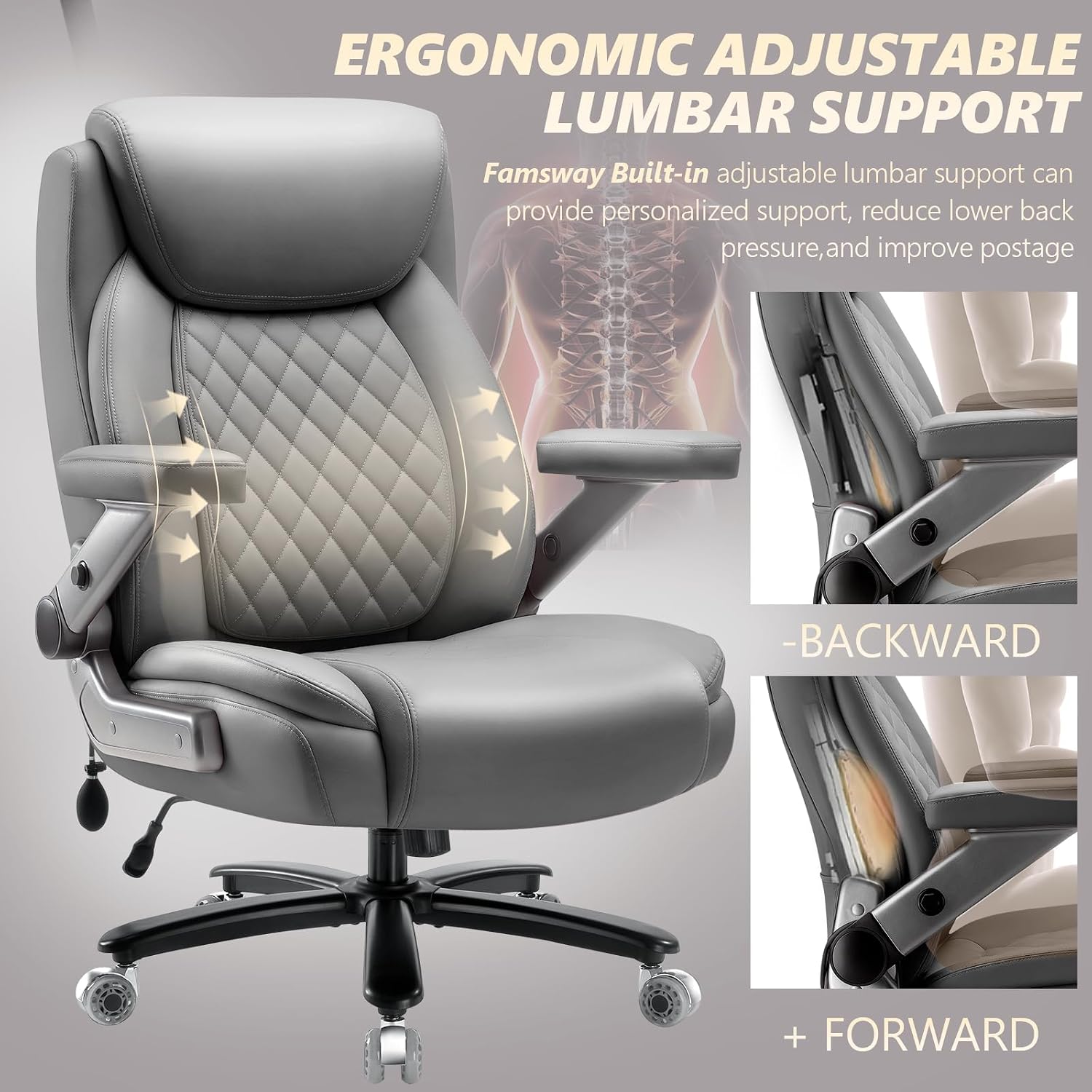 650LBS Large Heavy Duty Office Chair with 5D Flip Arms,Comfy Big and Tall Executive Office Desk Chair with Pocket Spring Cushion,High Back Computer Chair with Lumbar Support,Dual Rubber Wheel