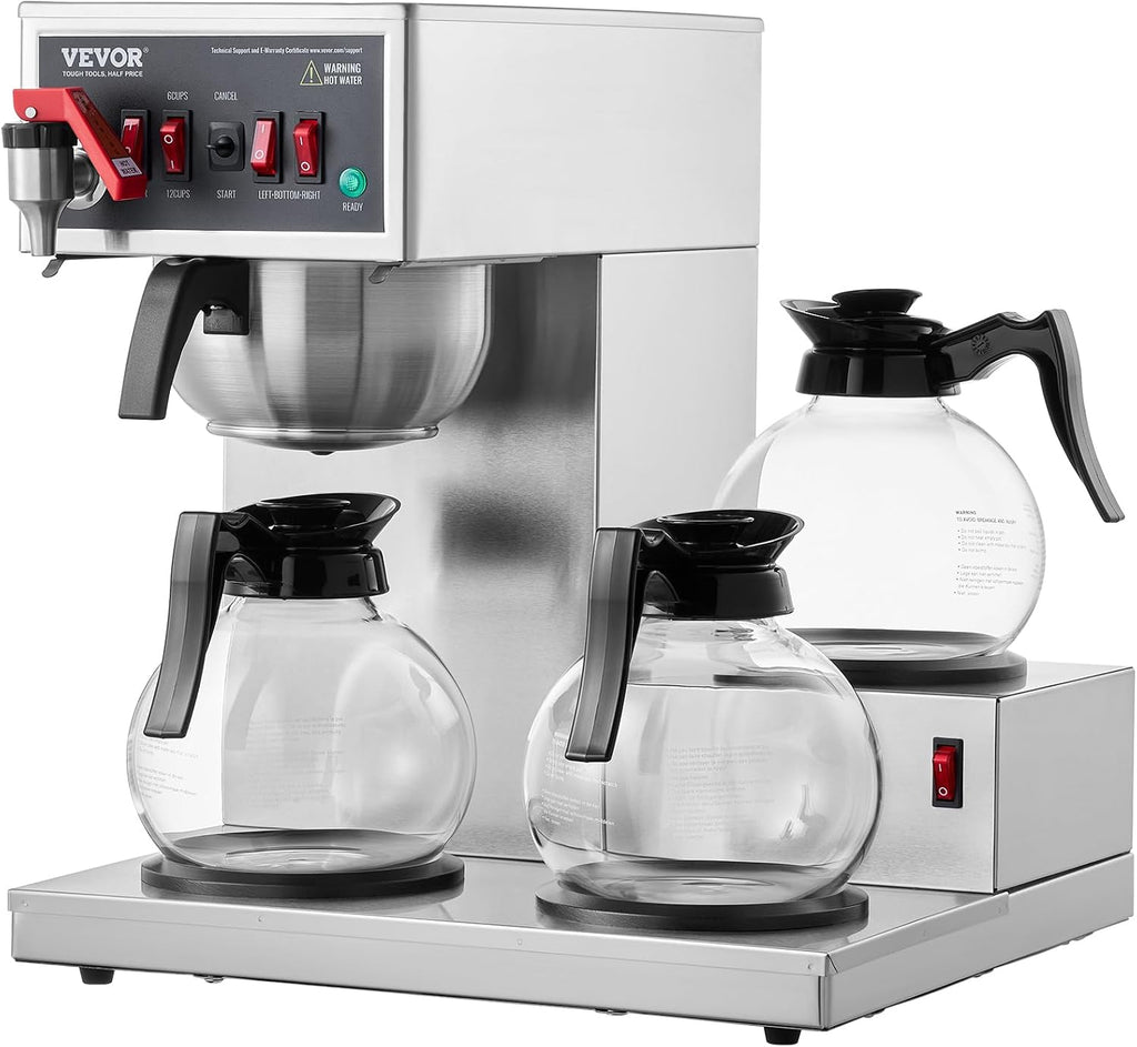 VEVOR 12 Cups Commercial Drip Coffee Maker, Coffee Maker Machine with 3 Glass Carafes and 3 Warmer Plates, Stainless Steel Pour Over Coffee Brewer with Auto Water Intake, for Restaurant Office Cafe