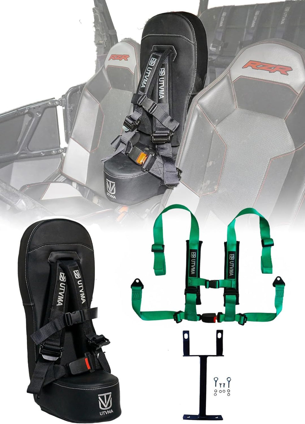 UTVMA RZR 1000 and 900 (2014-2023) Bump Seat with 4-Point Harness | Kids Seat | Jump Seat | All Models (XP, Turbo, Turbo S, High Lifter, Sport, Premium, Ultimate) (Seat with Green Harness)