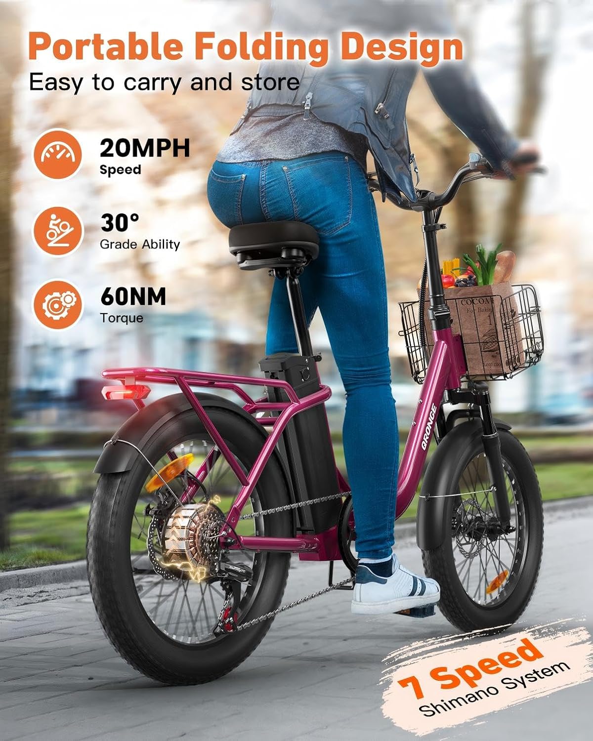QRONGE Electric Bike, 1000W Peak Folding Electric Bike, 486Wh 70 Miles Range Ebike, Waterproof Removable Battery, 7 Speed, 25 MPH Max, 20' Step-Thru Bicycle with Front Basket