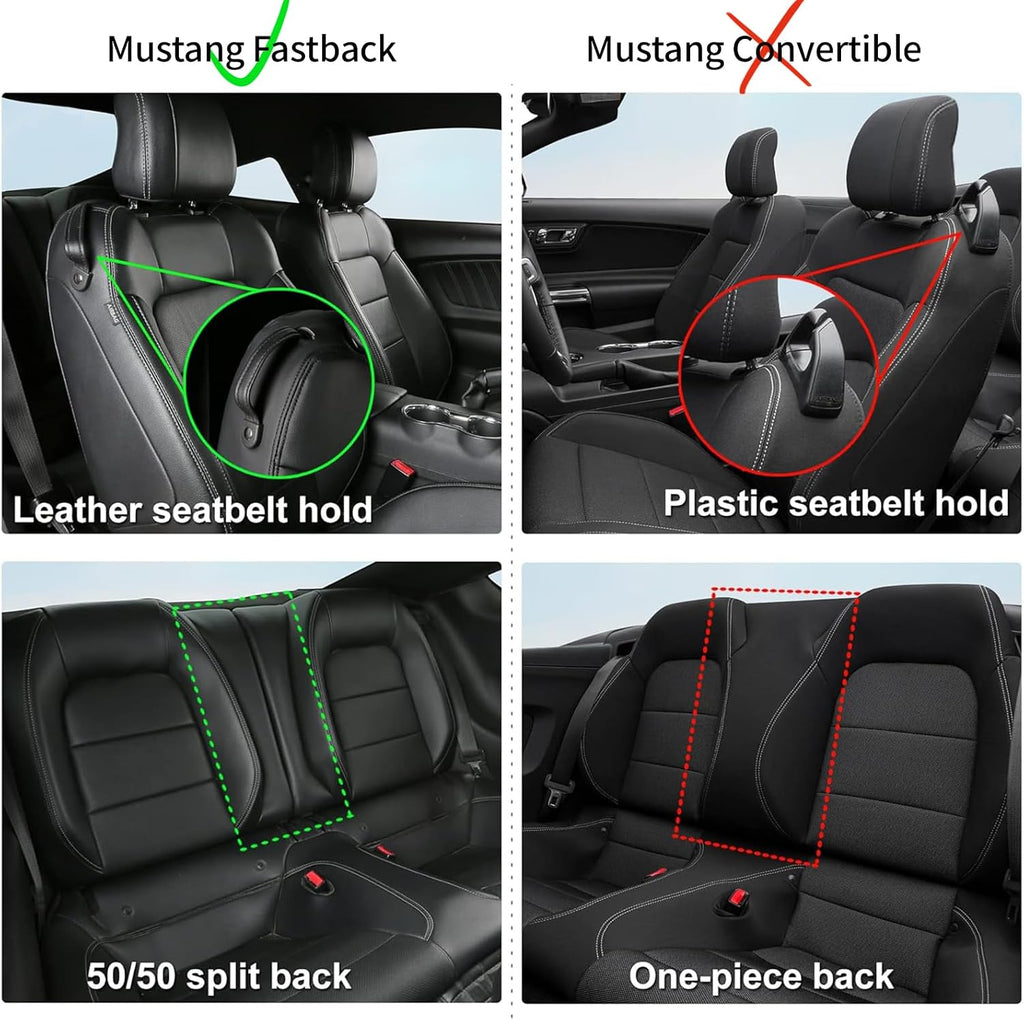 coverdream Mustang Leather Seat Covers Custom Fit for 2015-2025 2026 Ford Mustang Coupe,Rear w/Split Backrest,Fully Covered,Airbag Compatible Waterproof Car Seat Protector(Full Set,Black/Red)