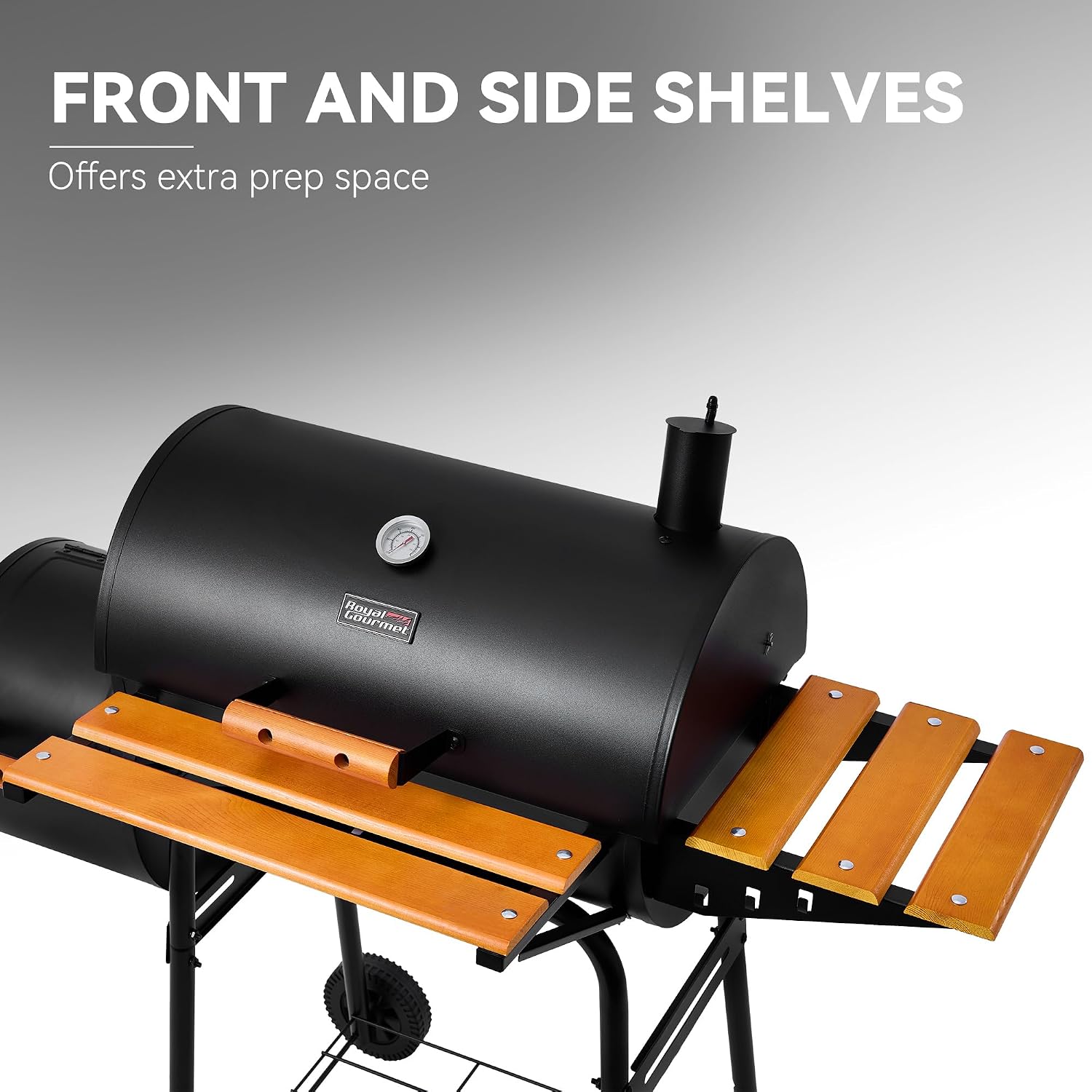 Royal Gourmet CC1624W Barrel Charcoal Grill with Offset Smoker, 552 Sq. In. Cooking Area, Wooden Front and Side Shelf with Hooks, Mesh Bottom Shelf, Charcoal Grill for Outdoor Grilling, Black