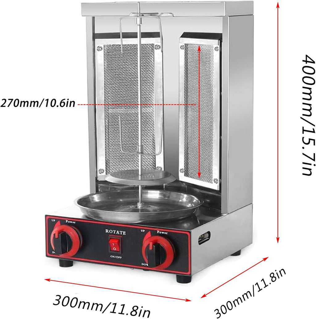 Vertical Commercial Shawarma Lpg/Gas Barbecue Grill, 360° Automatic Rotation, Double-Sided Barbecue Plate + Independent Oil Tray, Adjustable Height, Capacity 6kg/H, 60W