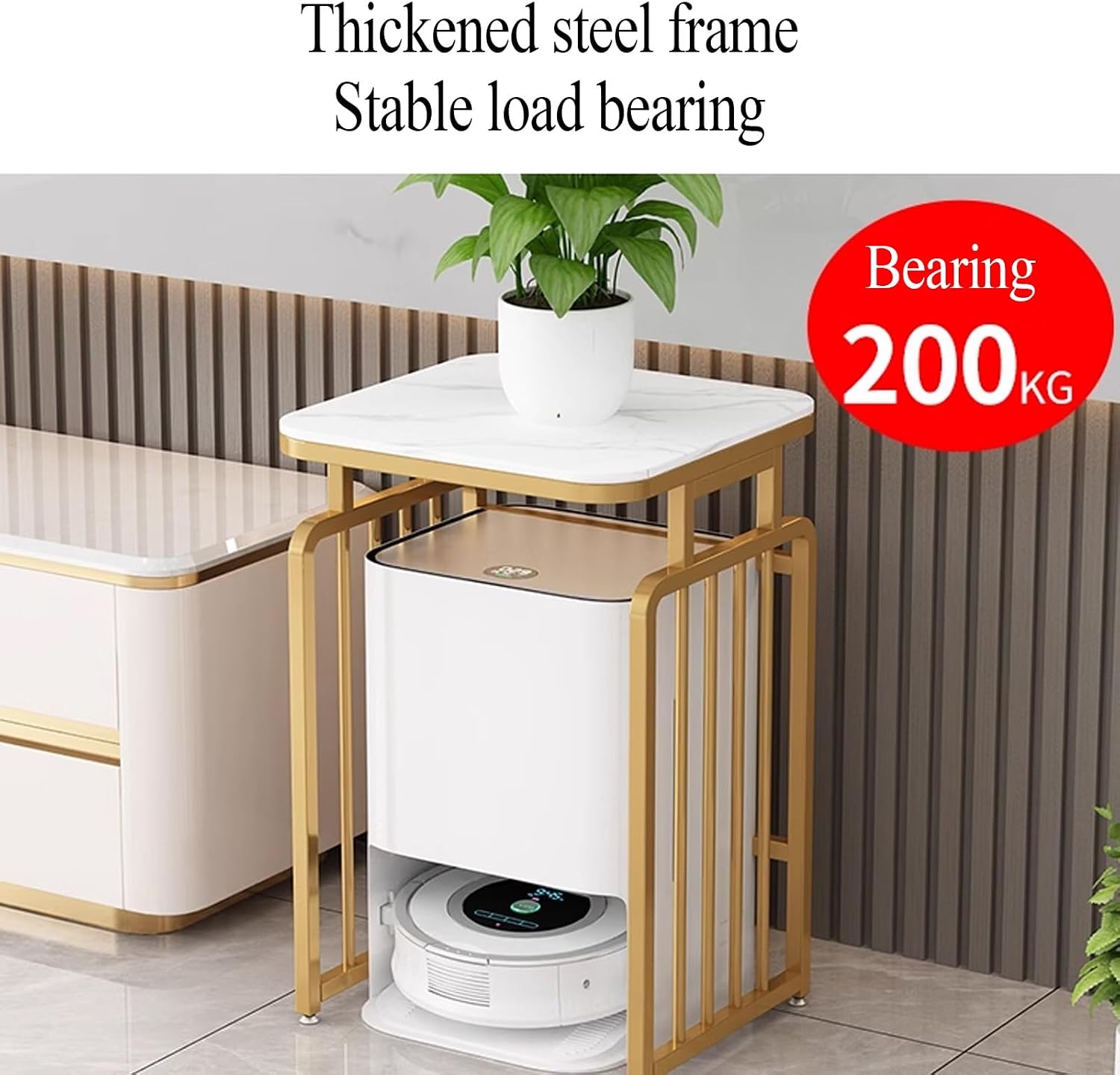 Metal Side Table with Storage, Robot Vacuum and Mop Self Emptying Small Storage Cabinet, Multi-Functional Fish Tank Stand, End Table for Robot Vacuum's Nest House(White,55