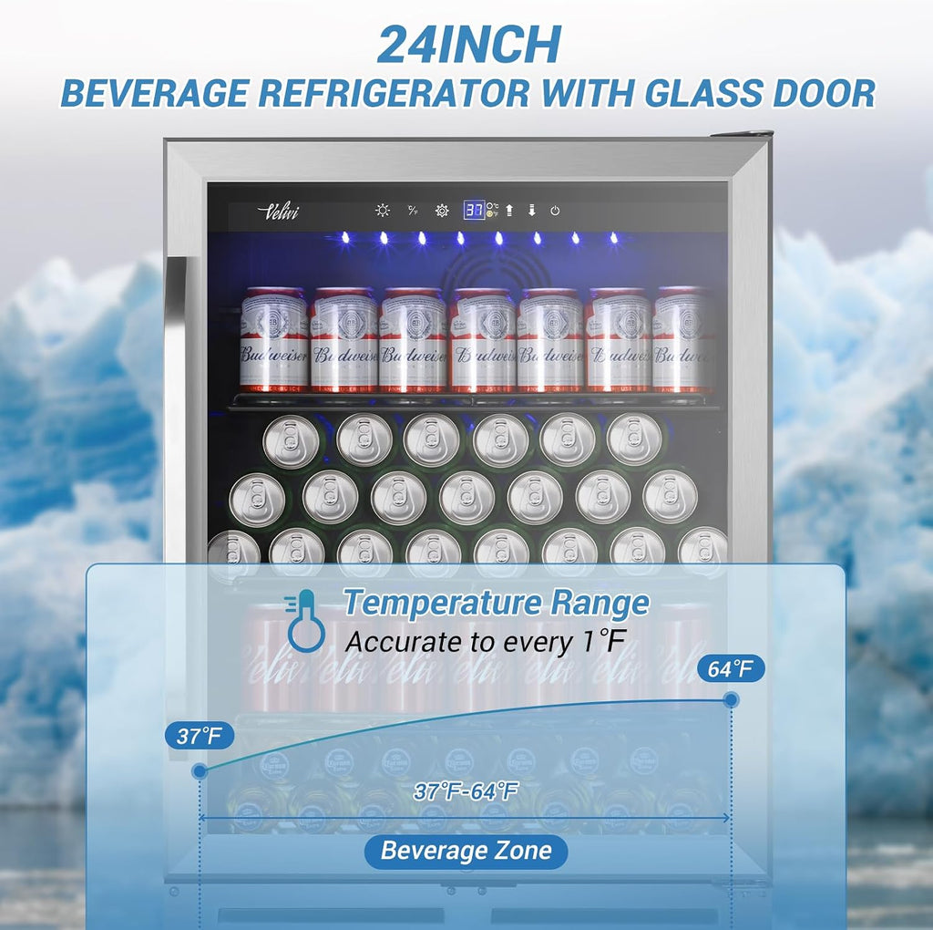 Velivi 24 Inch Beverage Refrigerator, 210 Cans Under Counter Beverage Cooler, 24' Space Built-In Beer and Drink Fridge with Glass Door for Soda, Water, and Milk - For Kitchen, Bar or Office