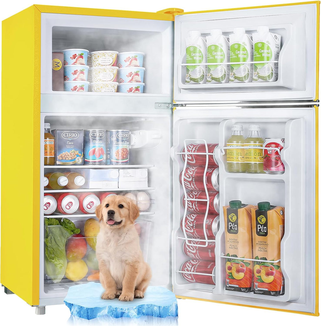 WANAI 3.5 Cu.Ft Retro Refrigerator 2 Door Mini Fridge with Freezer and 2 Handles 7 Level Adjustable Thermostat Control Top-Freezer Refrigerator for Home Dorm Apartment Yellow