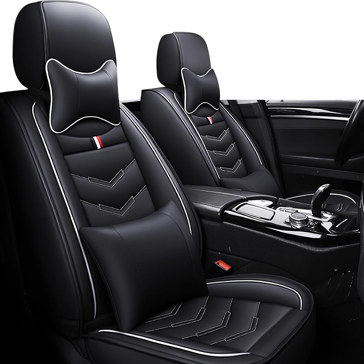 Car Seat Covers Fit for GMC Acadia 2007-2025, Leather Seat Covers for Car, Waterproof Non-Slip Durable Car Seat Protector(2 Seats with Pillow,Black White)