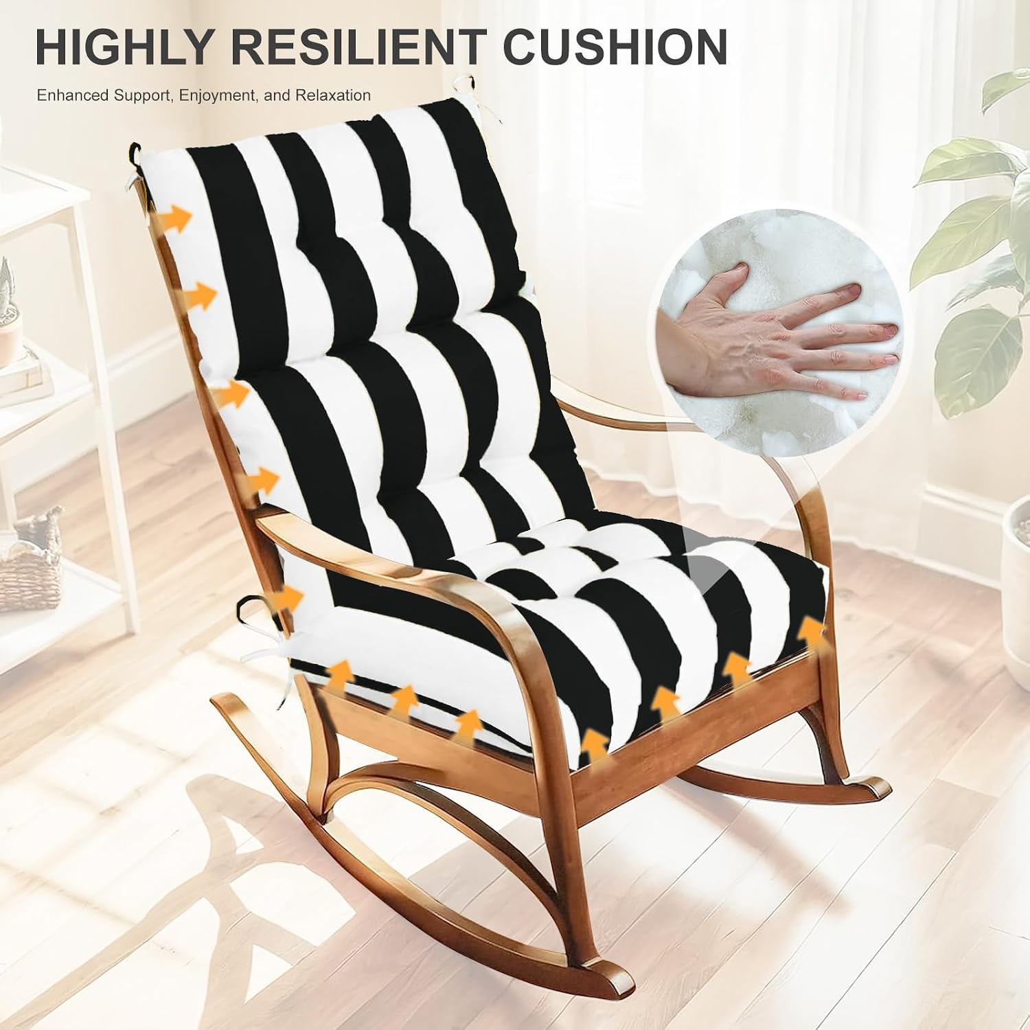 Outdoor High Back Chair Cushions 2-Pack, 44'x22'x 4' Fade-Resistant Waterproof Tufted Pads with Ties for Patio Rocking & Adirondack Chairs (Black White)
