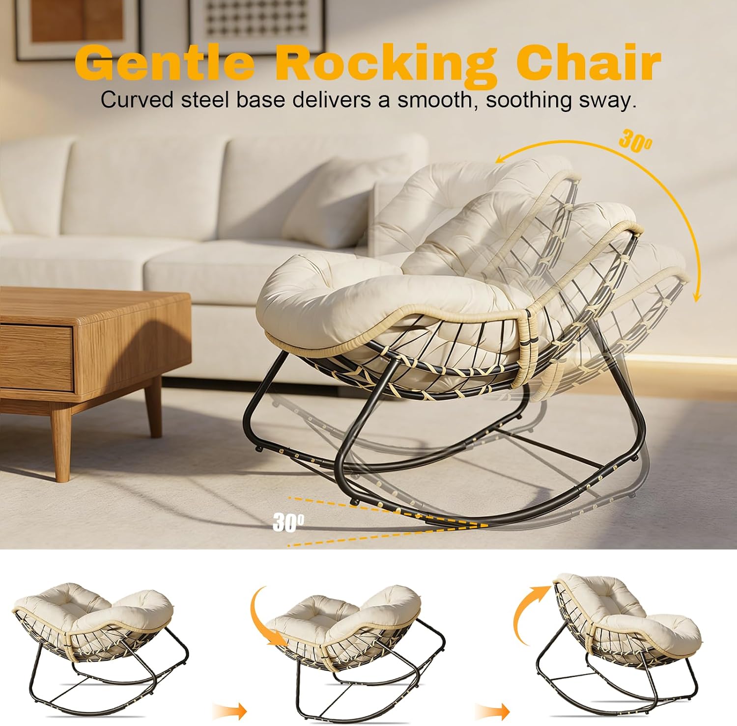 Outdoor Egg Rocking Chair, Patio Rocker Chair with Thick Cushion, Comfy Wicker Reading Lounge Chair Indoor Cozy Rocking Chairs for Patio, Balcony, Porch (Fabric, White, Modern)