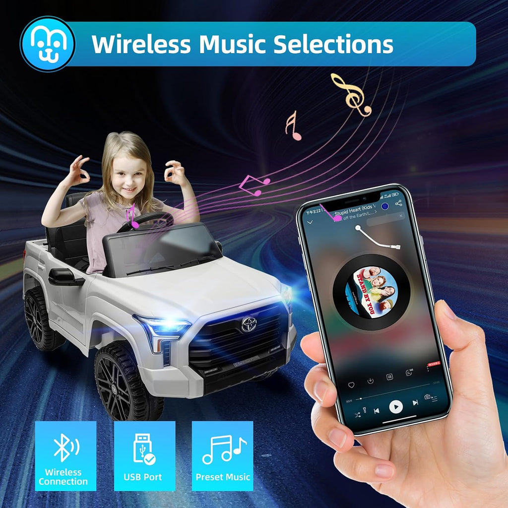 MINIATURE MOTORS Licensed Toyota Tundra Kids Ride on Truck Car Remote Control 12V 7Ah Battery Electric Car for Toddlers Trunk Bluetooth Music Player 4 Wheel Full Suspension Gift for Boys Girls-White