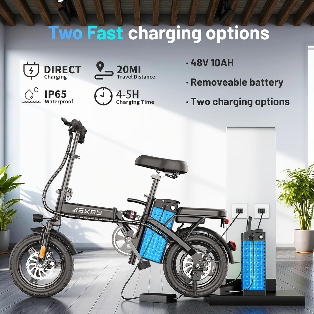 Foldable Electric Bike for Teens and Adults, 14 inch Mini E-Bike with 500W Peak Motor, 48V Removable Battery, Commute Electric Bicycle with 18MPH and 30-35 Miles PAS Range