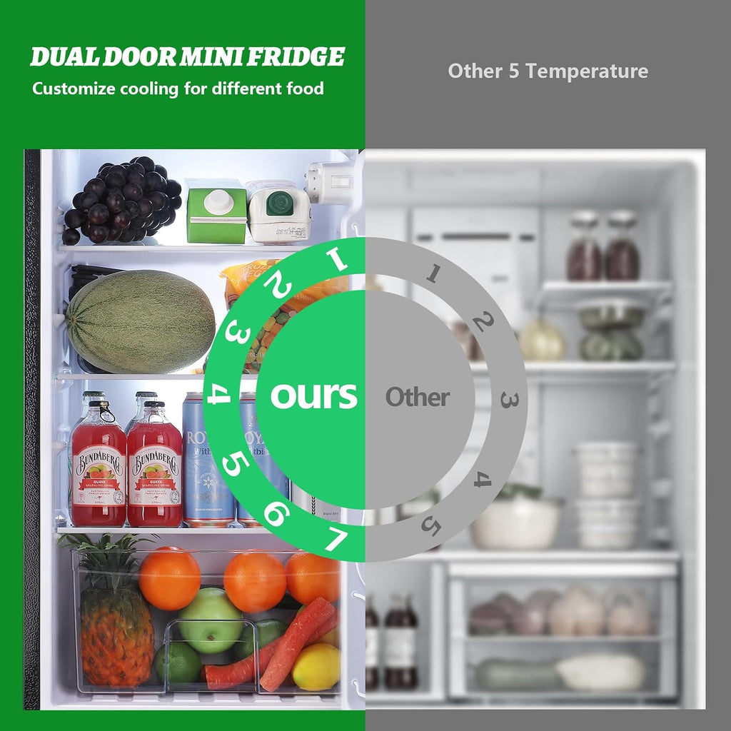 DEMULELR 4.5Cu.ft Small Mini Refrigerator with Freezer Black Two Door Mini Fridge with Crisper Drawer & Extra Drink Space, LED Light, Apartment Size Fridge for Dorm Office 17.5' W x 18.5' D x 43' H