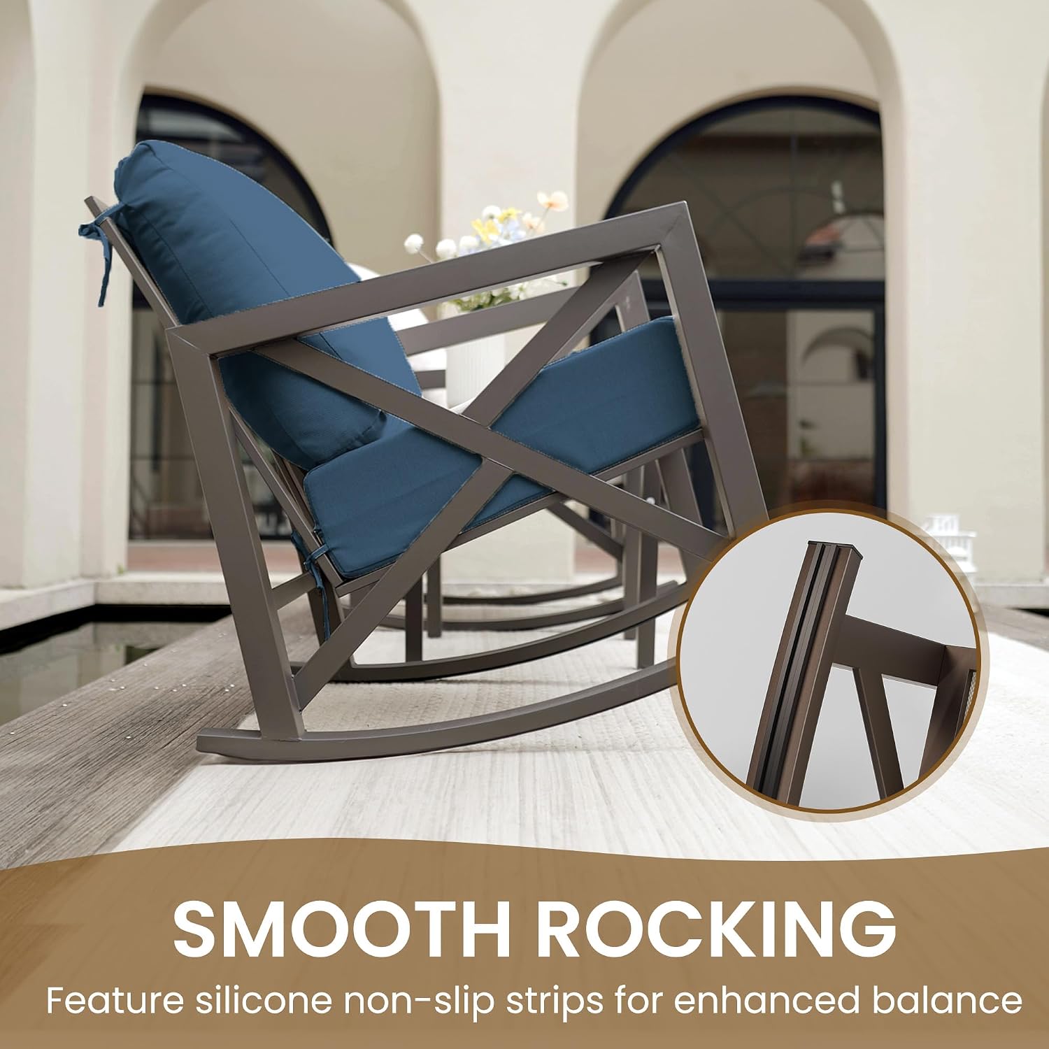 UDPATIO Rocking Chair Outdoor Set 2 with Coffee Table, 3 Piece Metal Rocking Bistro Set with 6.5' Water-Resistant Cushions, Oversized, 350lbs Heavy-Duty, for Porch, Patio, Balcony, Navy