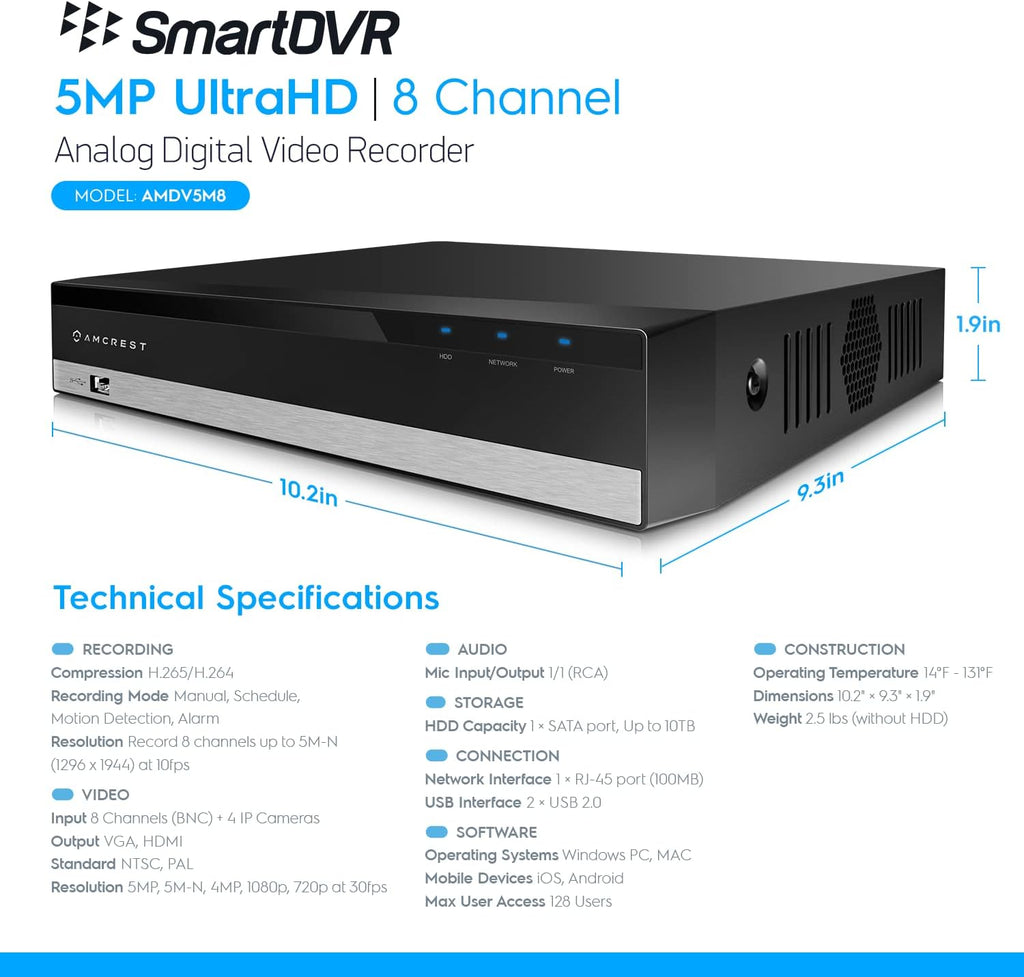 Amcrest 5MP UltraHD 8 Channel DVR Security Camera System Recorder, 5MP Security DVR for Analog Security Cameras, Remote Smartphone Access, HDD & Cameras NOT Included (AMDV5M8)